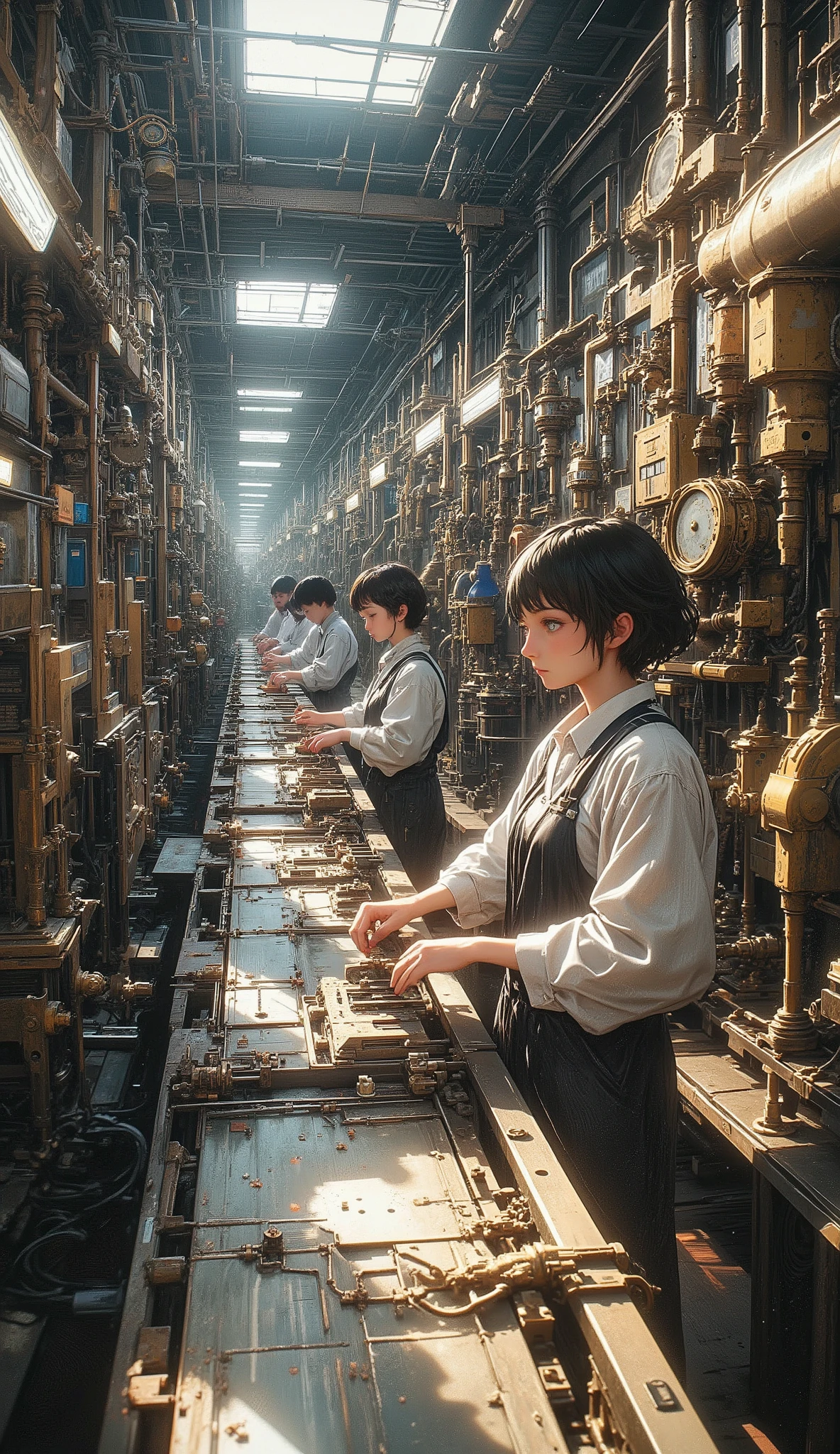 in a steampunk-like factory scene、workers perform repetitive assembly work on a conveyor belt, Male and female employees , Concentrate 、slightly tired expression, Elaborate Brass Gears, pipe, and valves built into the machine, cinematic fluorescent lights that cast dramatic shadows, double exposure effects showing hands and tools moving, Dynamic camera angles: diagonally along the assembly line, super realistic pictures, high detail, mechanical, industrial texture, restless yet artistic atmosphere