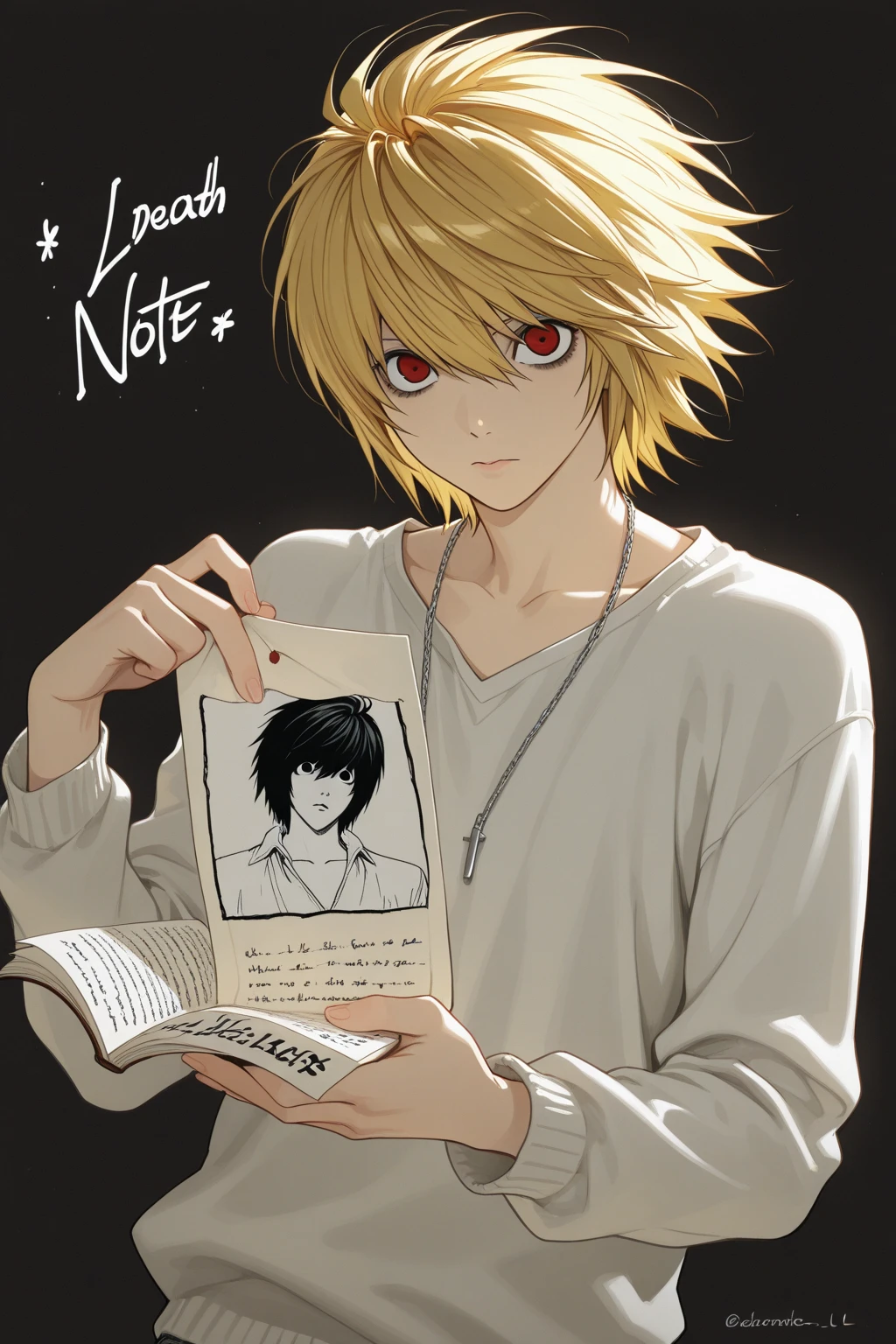 a poster of two anime characters with blonde hair and a white shirt, 3d anime poster, anime poster, death note style, death note, trending anime artwork, anime poster film still portrait, inspired by Takeshi Obata, anime movie poster, by Takeshi Obata, anime painting, trending anime art, manga painting, pin on anime, art cover