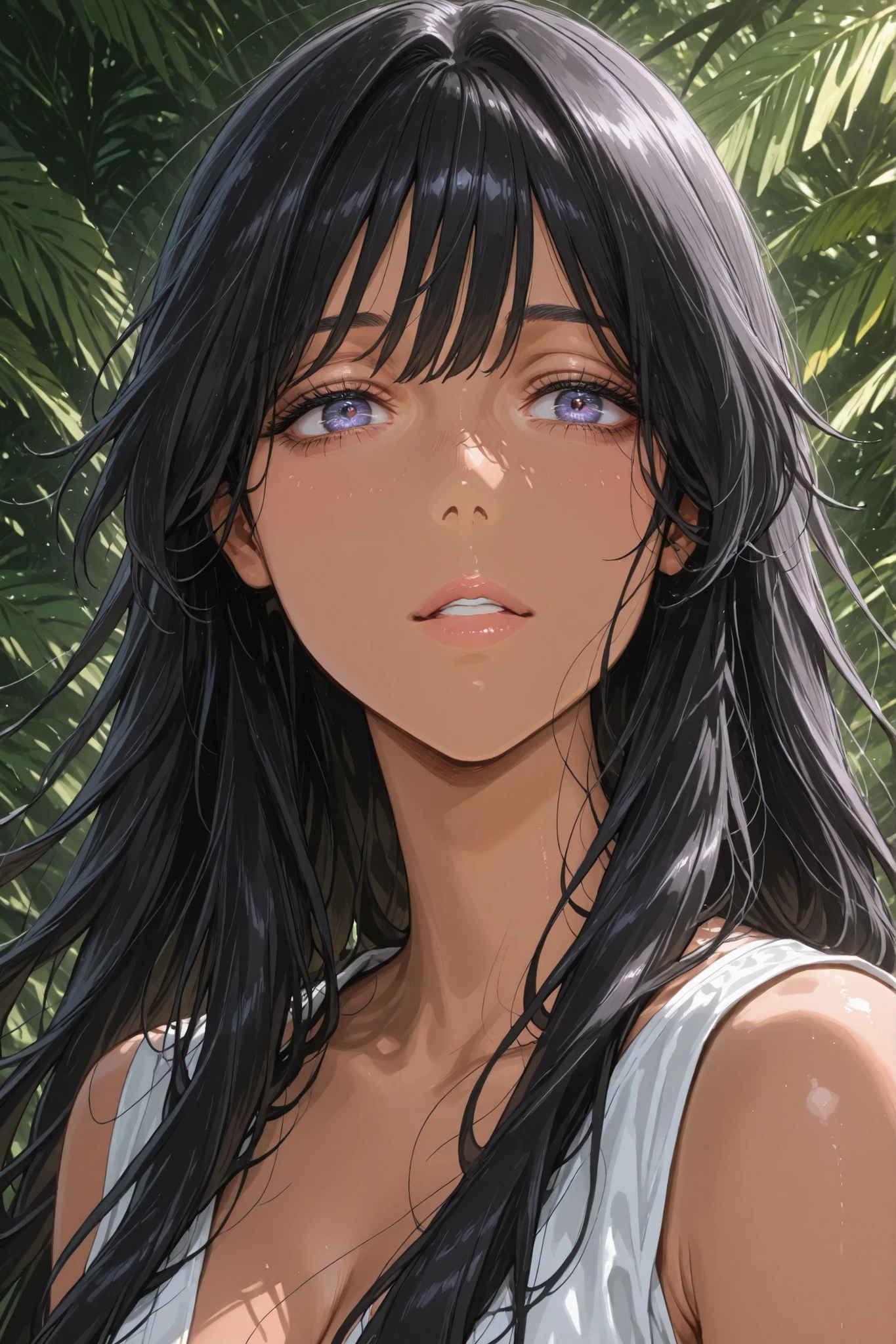  The ultimate close-up of the face of a wild shy  Brazilian Indian jungle girl, With gentle wild shy mysterious eyes, sinnlichen Lippen, long black silky hair blowing in the wind, bronzefarbener Haut, that lurks out between the leaves of the thick steamy jungle, hyperdetailliert, incredibly expressive and lively eyes, you can literally feel the tension in the gaze