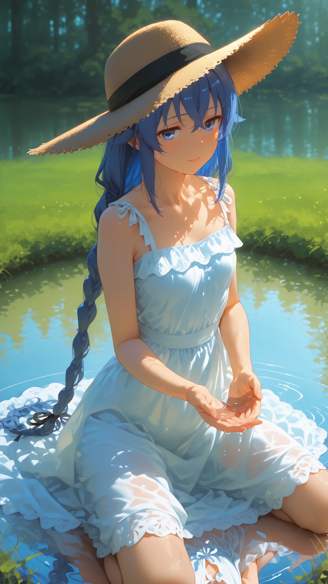 One girl with long messy hair, bangs, white hair, blue inner hair:1.25) , purple eyes, looking at viewer, blushing, little smile, tears, smiling, outdoor, grass, flower, , kneeling pose, sitting, white dress,  shoulders, collarbone, short sleeves,  legs, mid-chest, day atmosphere, flower hair ornament, medium breasts, focus, blurry background, 