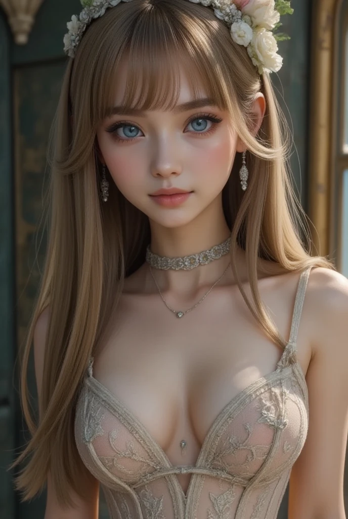 masterpiece，Highest image quality，Super details，best quality ,extremely delicate and beautiful, Very detailed,best quality, official art, Extremely detailed CG unified 8k wallpaper, Ana de Armas portrait photo, Blonde hair with black pupils，shiny skin,  (beautiful eyes:1.1), beautiful skin, big watery eyes，(detailed lighting:1.2), (Beautiful and detailed light:1.3),Dark Dream Pure Love Flower Mirror Embroidered Dress Goddess，Beautiful udder, The most  shape，firm breast，Deep cleavage，Naked of breast，complex, digital drawing, Smooth, sharp focus, end of the world, epic reality, (high dynamic range:1.4), (pastel colors:1.4), Revelation，Bright colors, screen space refraction, (intricate details, Super detailed:1.3), art station, lens, complex background, buliding，beautiful smile，The most beautiful look，Dreamcatcher earrings，The best look，Noble, beautiful and dignified goddess，