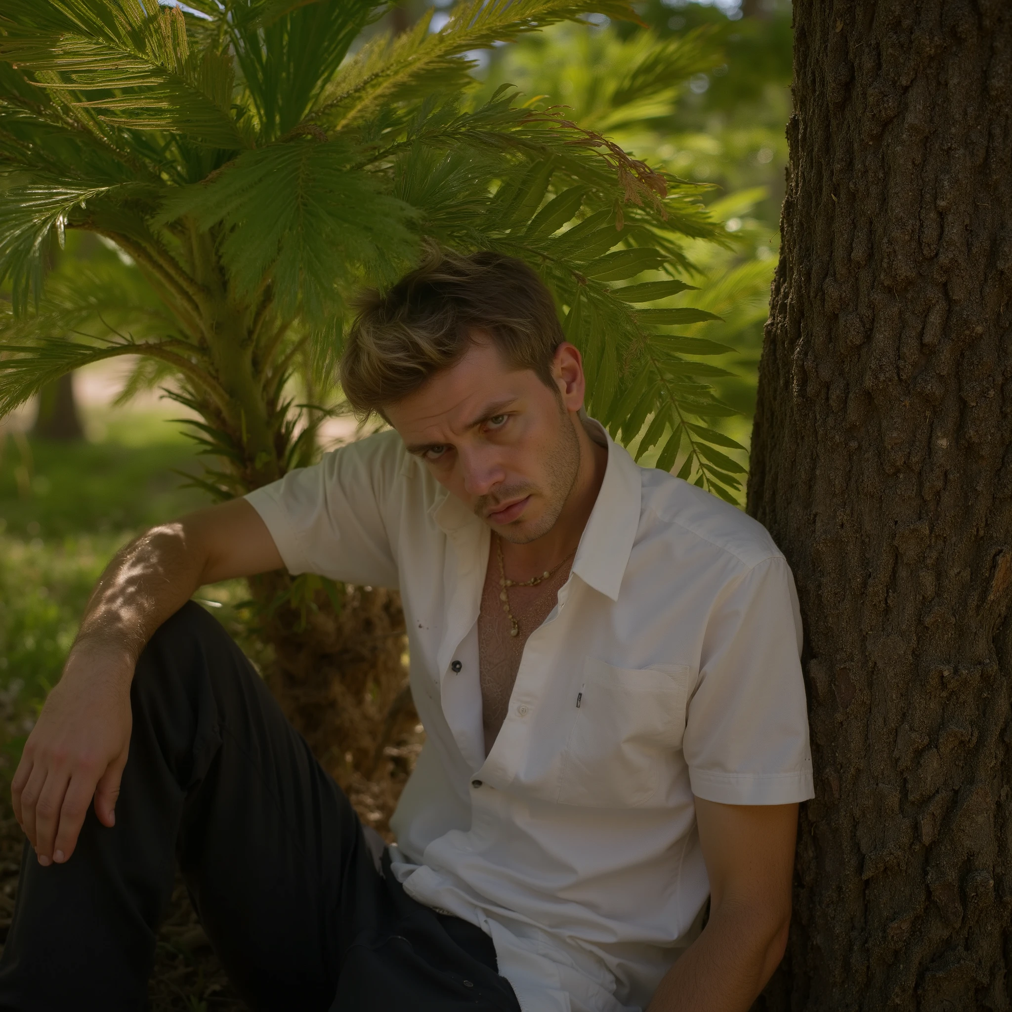 photography of a man, 8k, hard part (hairstyle), jürgen teller, propped up on one hand (sitting or standing), leaning against a tree, Stromanthe, Track