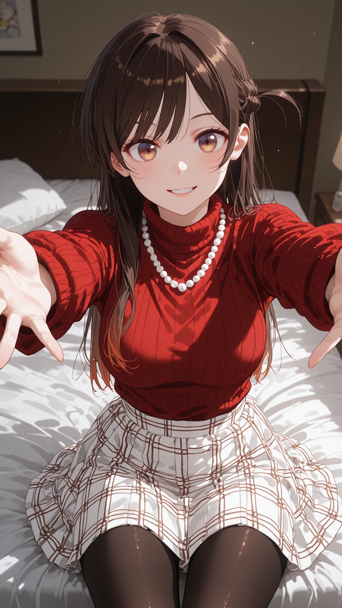 catchLight:1.3,Mizuhara Chizuru,View Me,parted lips smile,red turtleneck knit,Red Shoulder Ruffle Sweater,Check white middle skirt,brack pantyhose,(Dark Brown and Light Brown Gradient Iris Eye:1.2),(imminent hug:1.4),(pearl necklace:1.3),above the number of beds,break,:1.3,sit on bed,reaching hands front:1.3,掌 blur