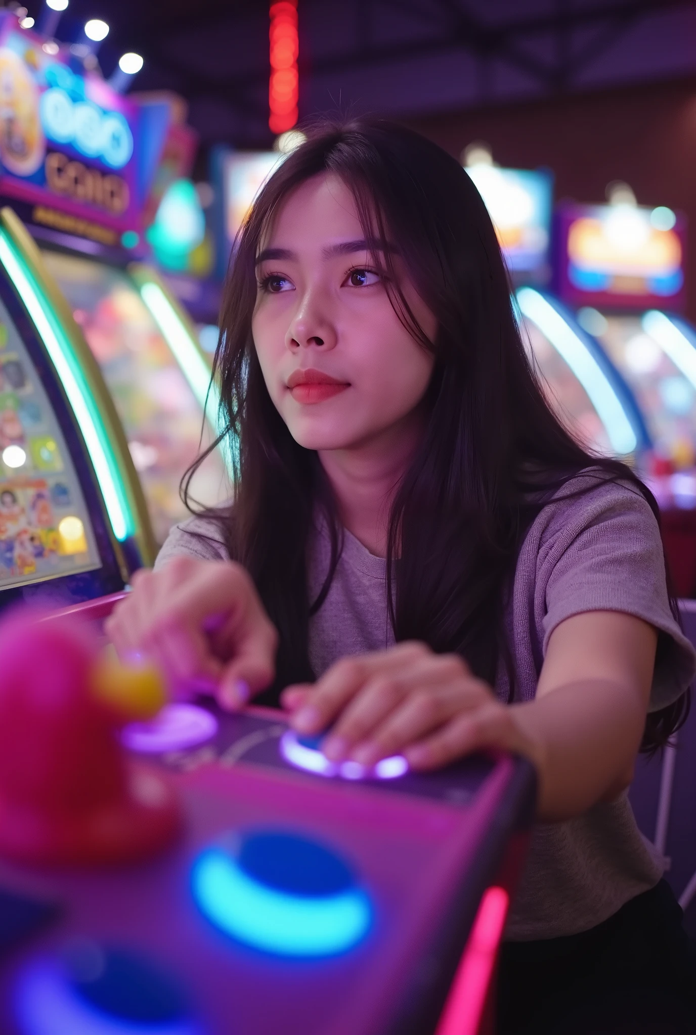 This is a live action image。 wide angle view, indonesian Game Center (time zone) ,COIN GAME MACHINE,COIN DROP GAME CONSOLE,1人の女性がCOIN DROP GAME CONSOLEで遊んでいます,