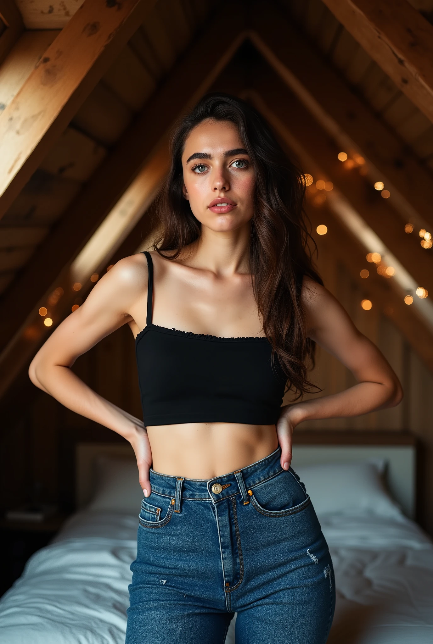 seductive full body portrait of a girl, young, youthful, low camera angle, standing in moody attic bedroom with slanted ceiling, wearing a black bandeau top and tight high waisted steel blue jeans, heavy thick denim with larger abraded areas and horizontal lines of distress, long brown hair, hands on hips, looking directly at viewer with commanding expression, expressive eyes enhanced with perfect winged eyeliner and complementary eyeshadow, glossy highlighted cheekbones, natural sunlight streaming through dormer windows creating dramatic light and shadow play across her features, fairy lights creating dreamy golden bokeh in background, confident pose against weathered wooden beams, shot with professional camera at shallow depth of field, 85mm portrait lens capturing hyperrealistic skin texture and fabric details