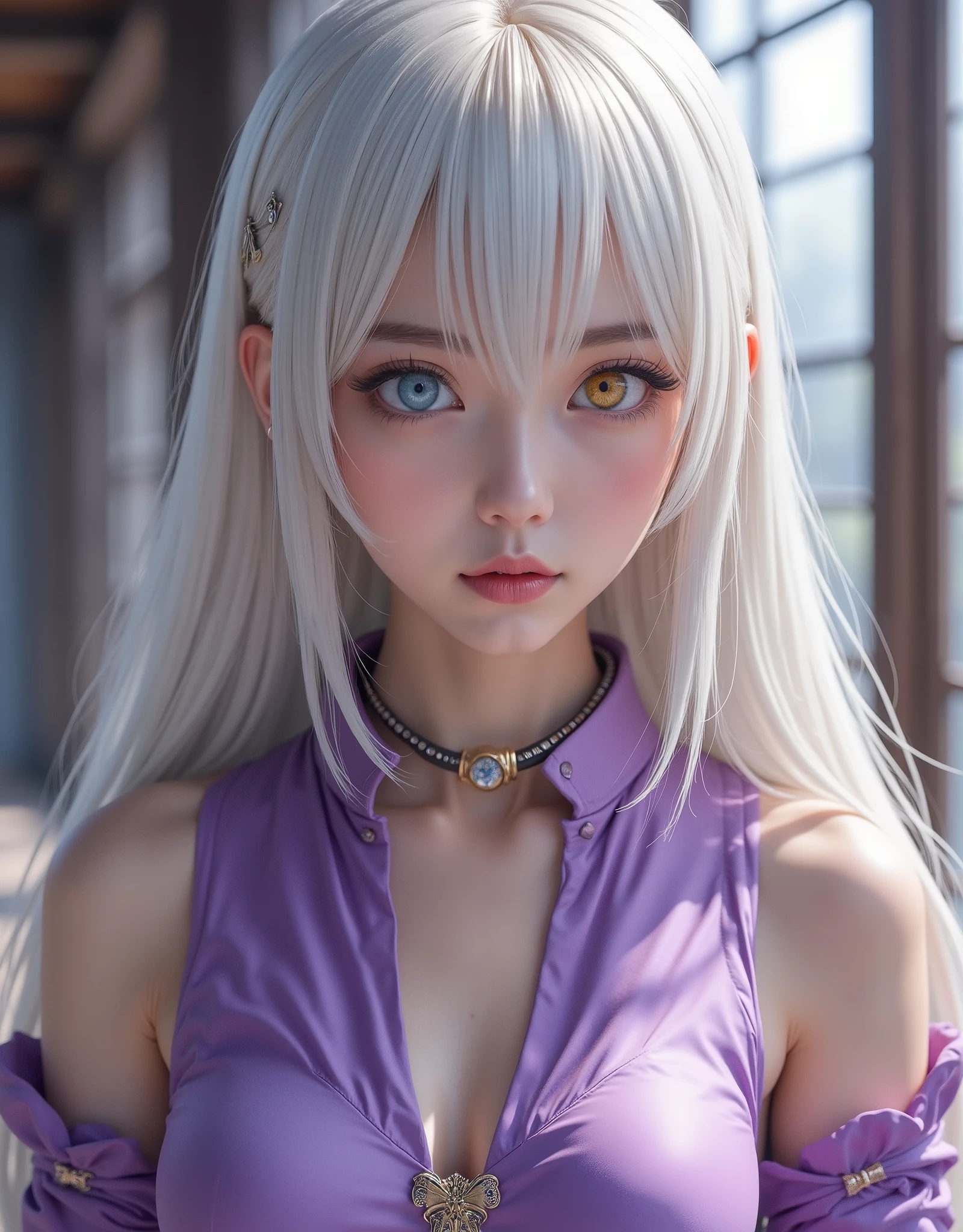 full-body portrait (hyperrealistic) by Elizabeth Liones Nanatsu no Taizai,white hair,ultra-detailed eyes with ((heterochromia)) yellow gold and blue,emphasized bust,su atuendo es una camisa sin mangas ajustada de color morado dark con botones en color blanco,wears aa corbata en forma de moño color rosa,(perfect anatomy),He wears his ((bare shoulders)),su mano izquierda wears aa (tight purple sleeve) dark,that contrasts with her (naked right hand),she wears an asymmetric white miniskirt, revealing their legs, which are accented with a single black thigh-high stocking on his right leg,that contrast sharply with his bare left leg,wears a (white shoe) on his right foot and one (color black) on his left foot,(RAW photo),(photorealistic),(hyperrealistic),(Masterpiece),(high quality),(definition 8k ),(ultra detailed),(resolución absoluta),(exquisite details),(hdr), estilo hyperrealistic,iridescent effects,background with heavenly atmosphere,cinematographic lighting,dynamic contrast of light and shadow