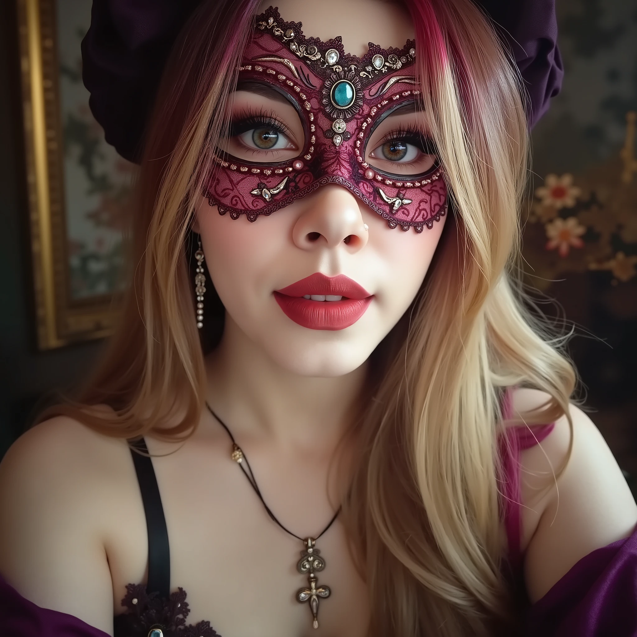 close up on face, great lighting, intricate detail, stunning oriental female battle mage, long two-toned hair, bangs, blonde with red highlights, jewelled earrings, dark eye-make-up, red lips, mask and cape from a masquerade ball, sheer silk dress with clothing cutouts, lace, leather, jewelled masquerade mask, slight smile, direct gaze, side soft light, elegant, gorgeous, highly detailed,, breathtaking, face in sharp focus, detailed face, dutch angle High Detail, Perfect Composition, realistic watercolour photorealistic image, interesting lighting