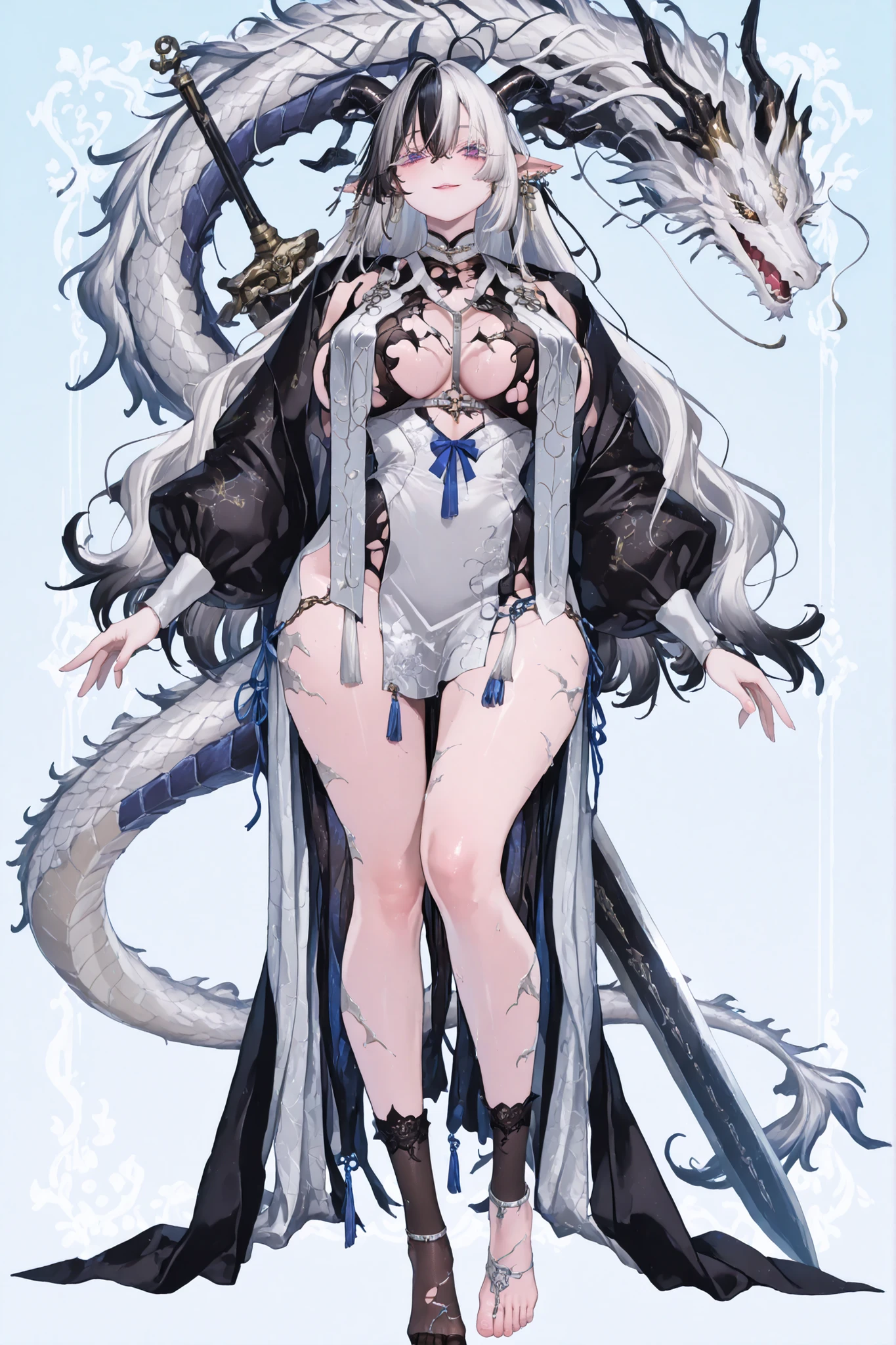   8k wallpaper、    top quality 、masterpiece,   748cm スThailandル   、sexy black bralette dress with fishnet top beneath,   woman 1 person、ribbon、piercings and earrings on her ears,  pointy elf ears, black ripped pelvic curtain dress、 cute black oversized coat with puffy sleaves with open sholders, chains and Accessories on clothes,  dark pantyhose and fishnet、 black knee socks 、rororogi mogera、 style strap 、 Thailand、  pantyhose、、black hair with gray tips and gold  lines、 albino eyelashes   、   long hair falling down her chest、  Underbob  、blue ribbon bow in the head、  Pretty blueish purple Eyes、  wide hips、scales on her thighs   、 pale pinky skin,   very big breasts 、close up,  Light blue background 、open chest area dress,   simple background、lazy smile、 high detail design, standing up、boob window, leaning down towards the camera, making a cute pose with her hands, fullbody, , huge sword on her back, ripped dress, chest fishnet top, fishnet stocking, big cute eyes, demon girl, five big octopus tails behind her, black horns, goat eyes, five octopus tails, big hair. heavenly divine dragon girl, white huge dragon horns with golden ends, big dragon tail, white hair, ver long hair, thick hair, very big breast, green-blue gradient dragon eyes, white dragon sexy revealing outfit with breast curtains, white nylon stockings, white choker, sexy white cheongsam dress with gold details, taliman paper on her chest, fullbody, head to toe, black dragon scales on her thighs, bare feet, exposed toes