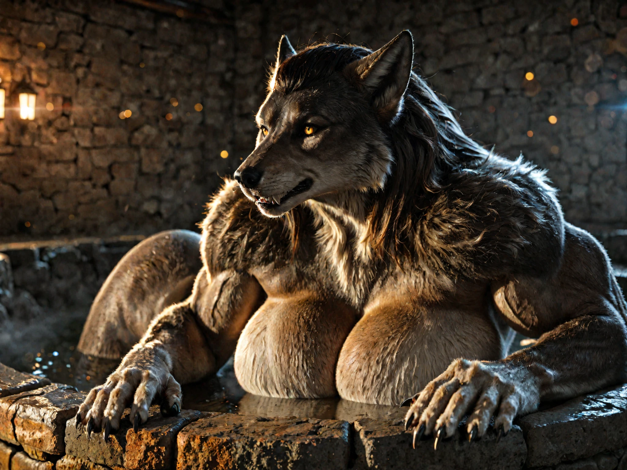 (by darkgem, by fossa666, by taran fiddler, by nitani, by honovy):1.4, masterpiece, best details, real life, depth of field, detailed background, (bright lighting:1.4), ????, solo, (anthro), ????????, with bushy pubic hair and armpit hair, enjoyment, attitude, clear details, powerful, pleasure, self-pleasure, perfect hands, (covered in fur), fangs, tongue, paws, claws, tail, detailed ???????, ((anthro female werewolf):1.4, monster girl, femme, hairy ?????????????? ??????, (???????:1.2)), (musky, body odor):1.4, (tattoos, piercings), ??????? close up, exposed armpits, (jungle, lying in the grass, stretching)