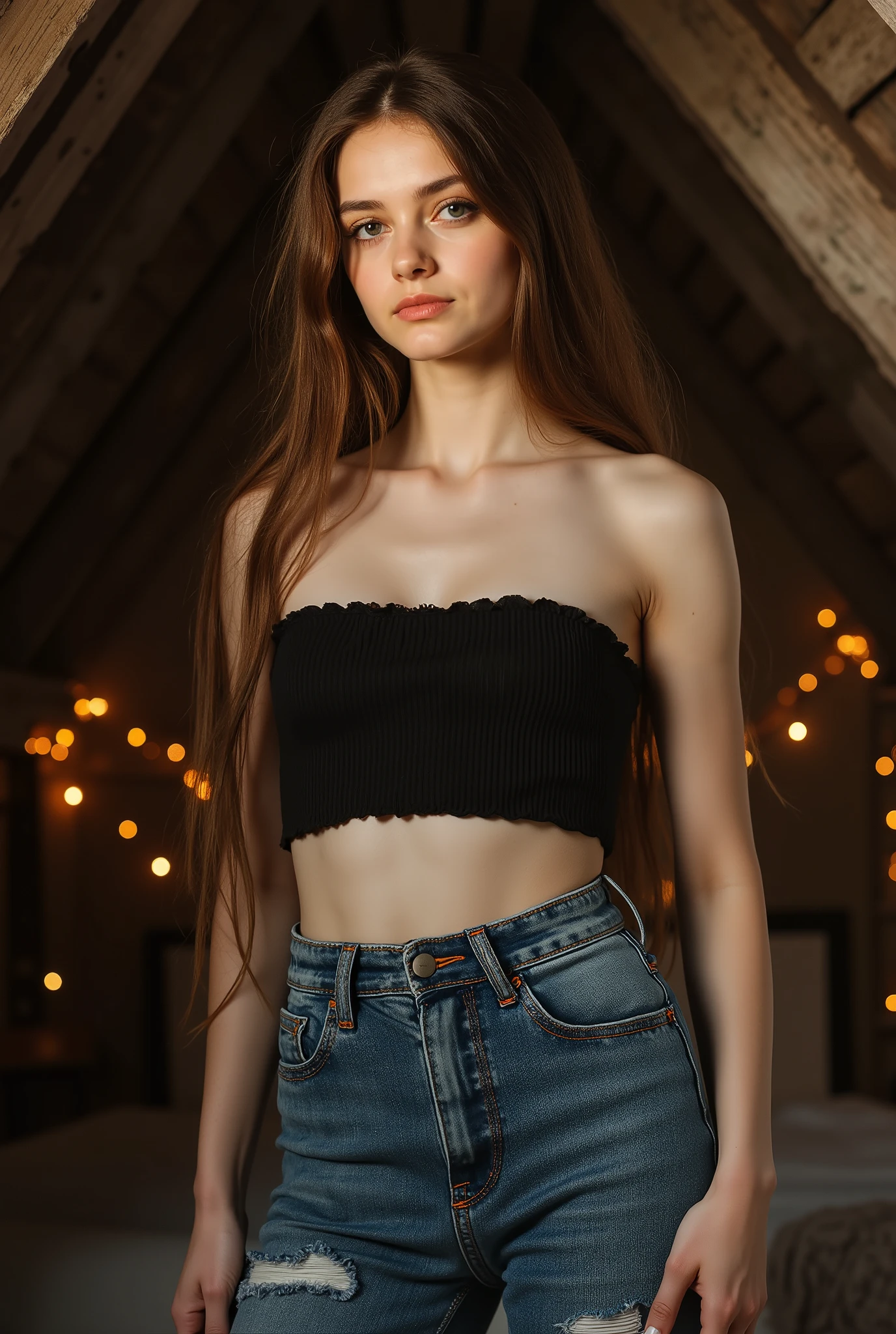 seductive full body portrait of a girl, young, youthful, low camera angle, standing in moody attic bedroom with slanted ceiling, wearing a black bandeau top and tight high waisted steel blue jeans, heavy thick denim with larger abraded areas and horizontal lines of distress, long brown hair, hands on hips, looking directly at viewer with commanding expression, expressive eyes enhanced with perfect winged eyeliner and complementary eyeshadow, glossy highlighted cheekbones, natural sunlight streaming through dormer windows creating dramatic light and shadow play across her features, fairy lights creating dreamy golden bokeh in background, confident pose against weathered wooden beams, shot with professional camera at shallow depth of field, 85mm portrait lens capturing hyperrealistic skin texture and fabric details