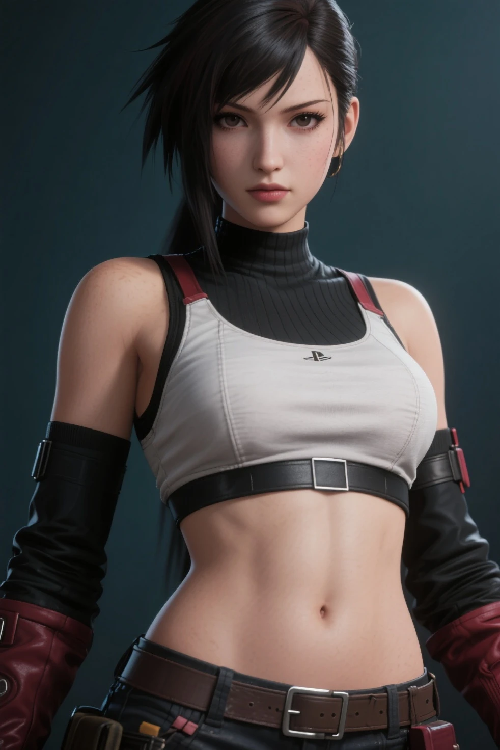 8K, Top Quality, Intricate Details, Ultra Detail, Ultra High Resolution, Masterpiece, close up shot, (full body: 1.1), Slender, Smile, (Makeup: 0.4), (walking), (Fluffy Eyes: 1.21), ((bangs)), 1girl, solo, 1 girl, (((red eyes, black hair, bangs, long hair)), ((Tifa,Tifa・lockhart,Final Fantasy 7,FF7,l)), close up shot, , ((tall)), (((fit body))), (((slim face))), sharp face, ((abaya, hijab, head cover)) , (detailed face), sharp face, small lips, ( walking), walk pose, walking pose,
((, )), , ((,)), detailed face, detailed , large , , (( )), detail , Narrow Waist, Skinny, tall , 175 cm tall, Muscular, Navel, Abdomen, Pointed ,, Beautiful girl with accentuated slender abs: 1.4, Six Pack Abs: 1.4,, Perfect Body, detail leg, (( dark background)), black background,