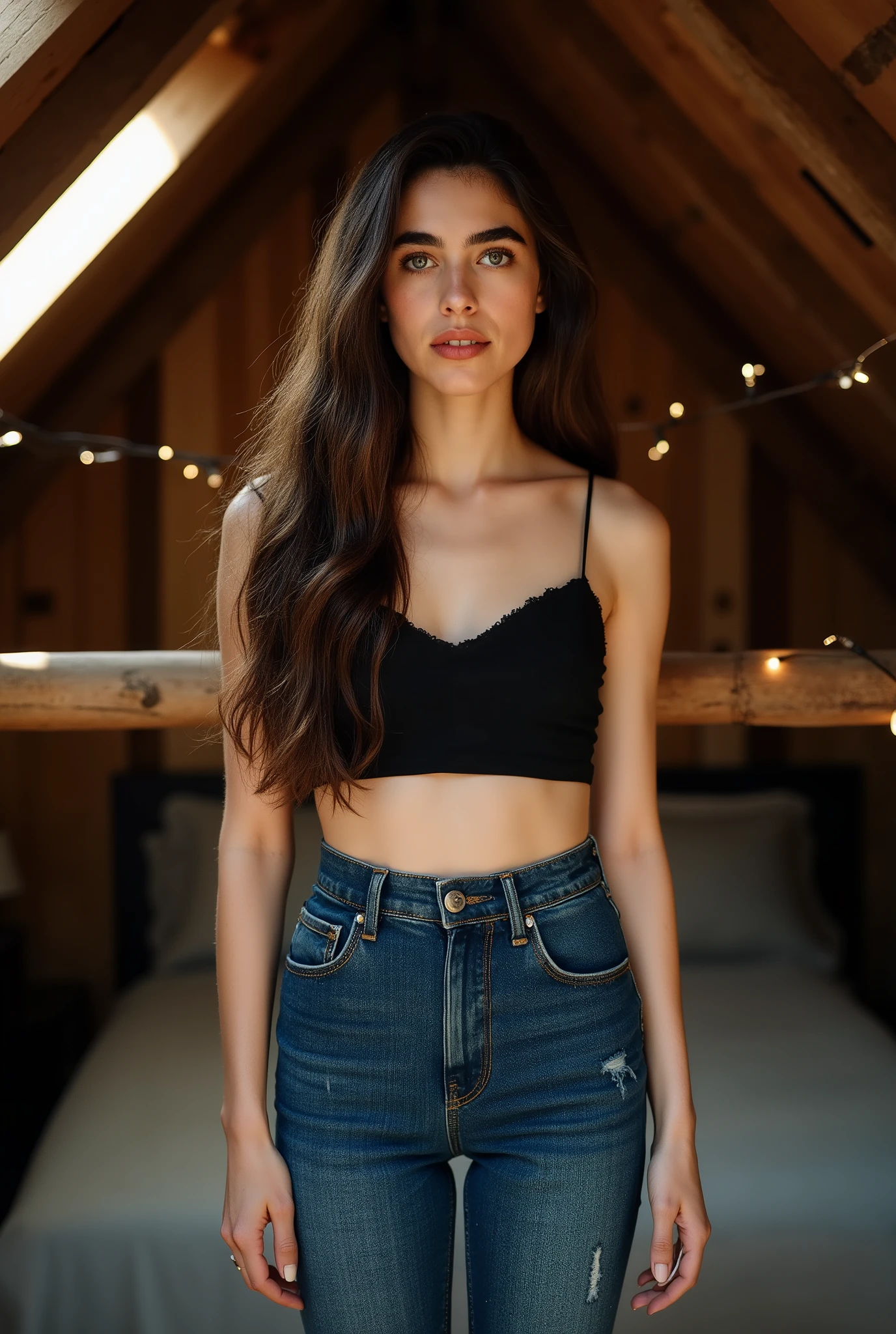 seductive full body portrait of a girl, young, youthful, low camera angle, standing in moody attic bedroom with slanted ceiling, wearing a black bandeau top and tight high waisted steel blue jeans, heavy thick denim with larger abraded areas and horizontal lines of distress, long brown hair, expressive eyes enhanced with perfect winged eyeliner and complementary eyeshadow, glossy highlighted cheekbones, natural sunlight streaming through dormer windows creating dramatic light and shadow play across her features, fairy lights creating dreamy golden bokeh in background, alluring pose against weathered wooden beams, shot with professional camera at shallow depth of field, 85mm portrait lens capturing hyperrealistic skin texture and fabric details