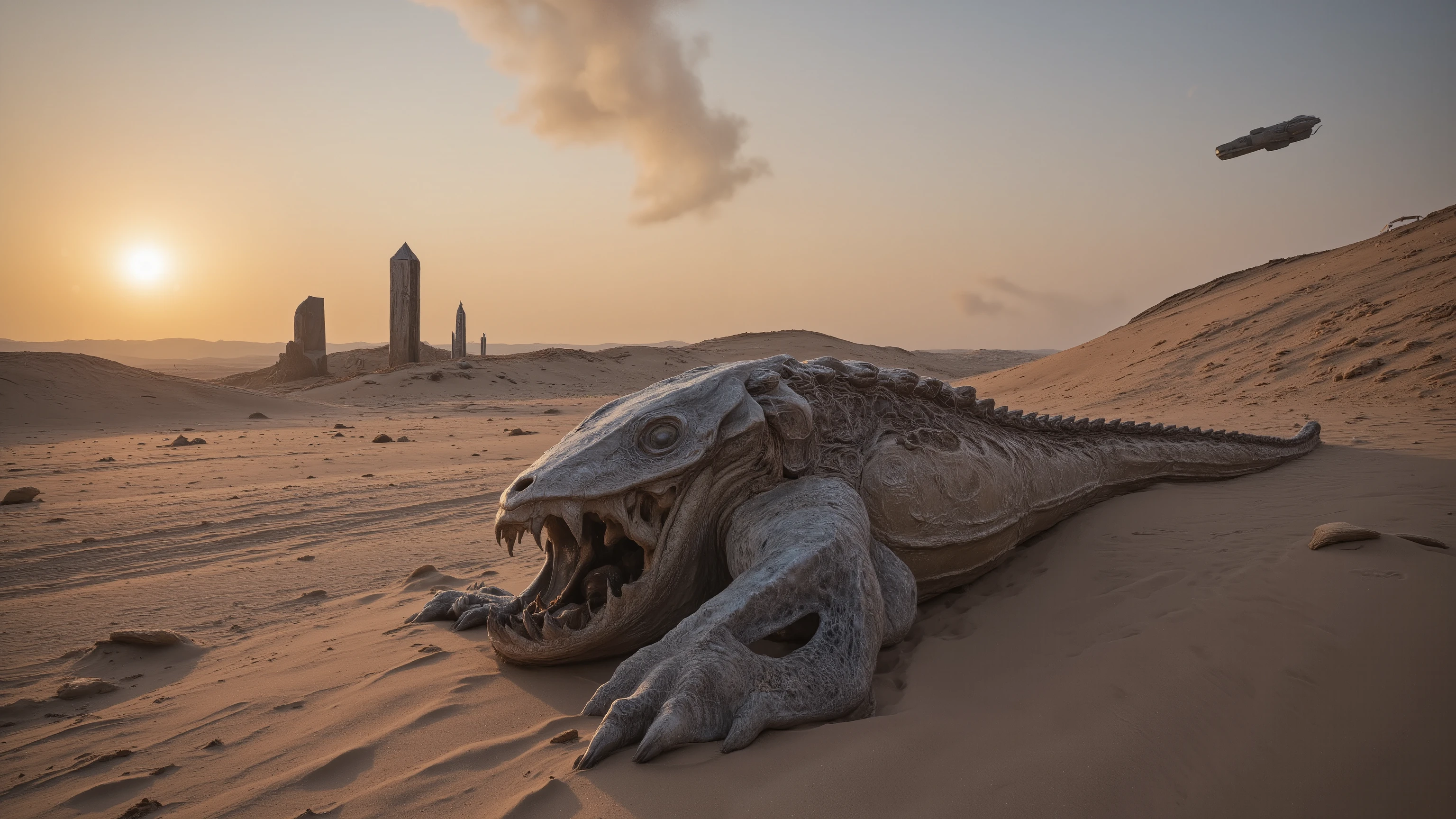 Desolate crystalline desert on a forgotten planet, massive fossilized remains of an ancient alien creature half-buried in sand, strange geometric monoliths floating above the surface, two suns setting on the horizon casting long shadows, abandoned spacecraft in distance, swirling dust particles catching light, photorealistic textures, atmospheric perspective, cinematic lighting, volumetric rays, hyperdetailed, 32k resolution, masterpiece