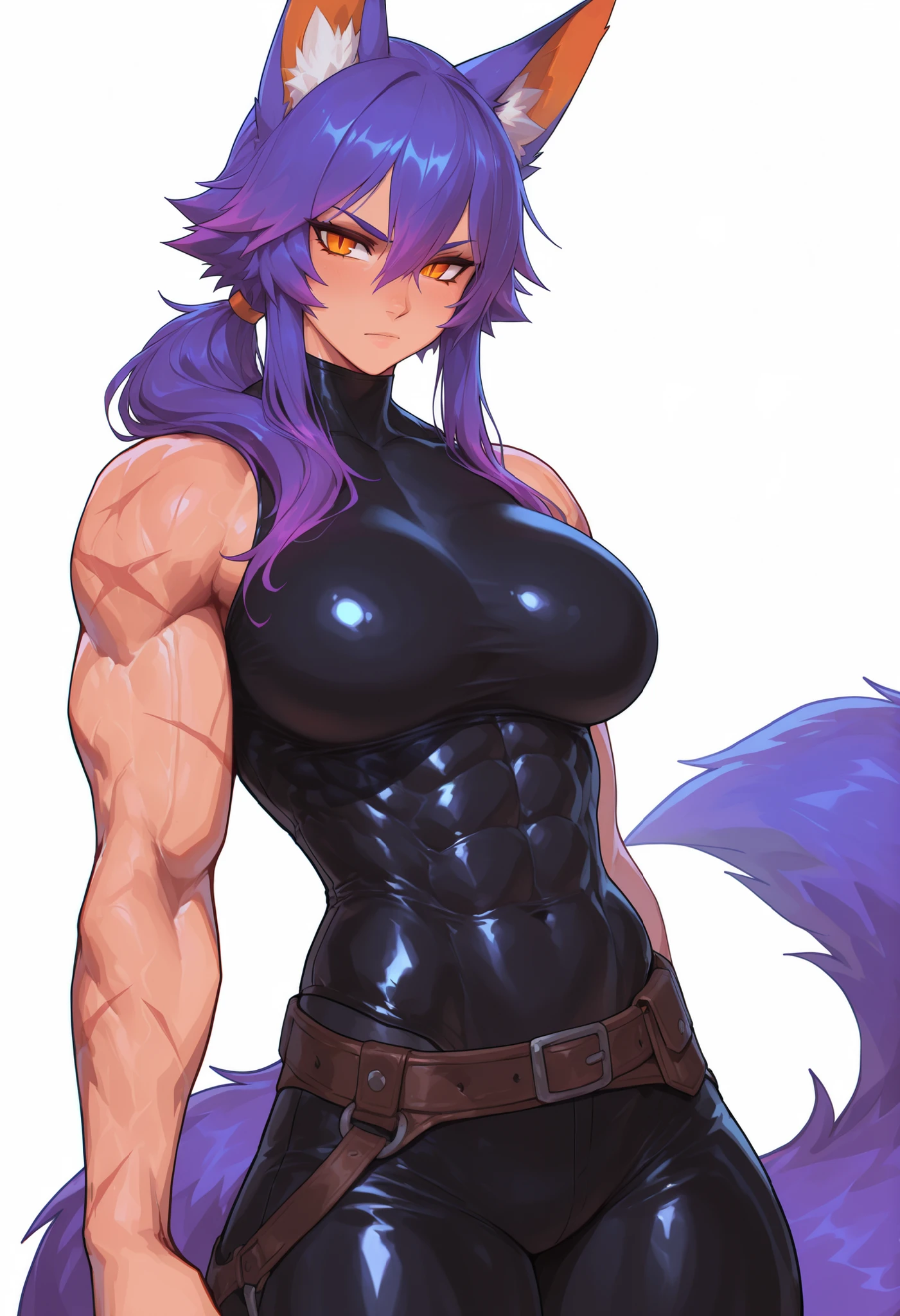 gorgeous kitsune girl, beautiful face, kitsune, adult woman, purple color hair, hunter girl, orange eyes, slit pupils, detailed eyes, personalami style, volputrous body, covered breasts, curvy and athletic, kitsune ears, ponytail hair, fox tail, black bodysuit, pants, bare arms and neck, leather armor, light abs, fierce look, lean but muscular, scars on arms, athletic body, fox ears, long hair, masterpiece, ultra definition, simple white background, dnd, standing