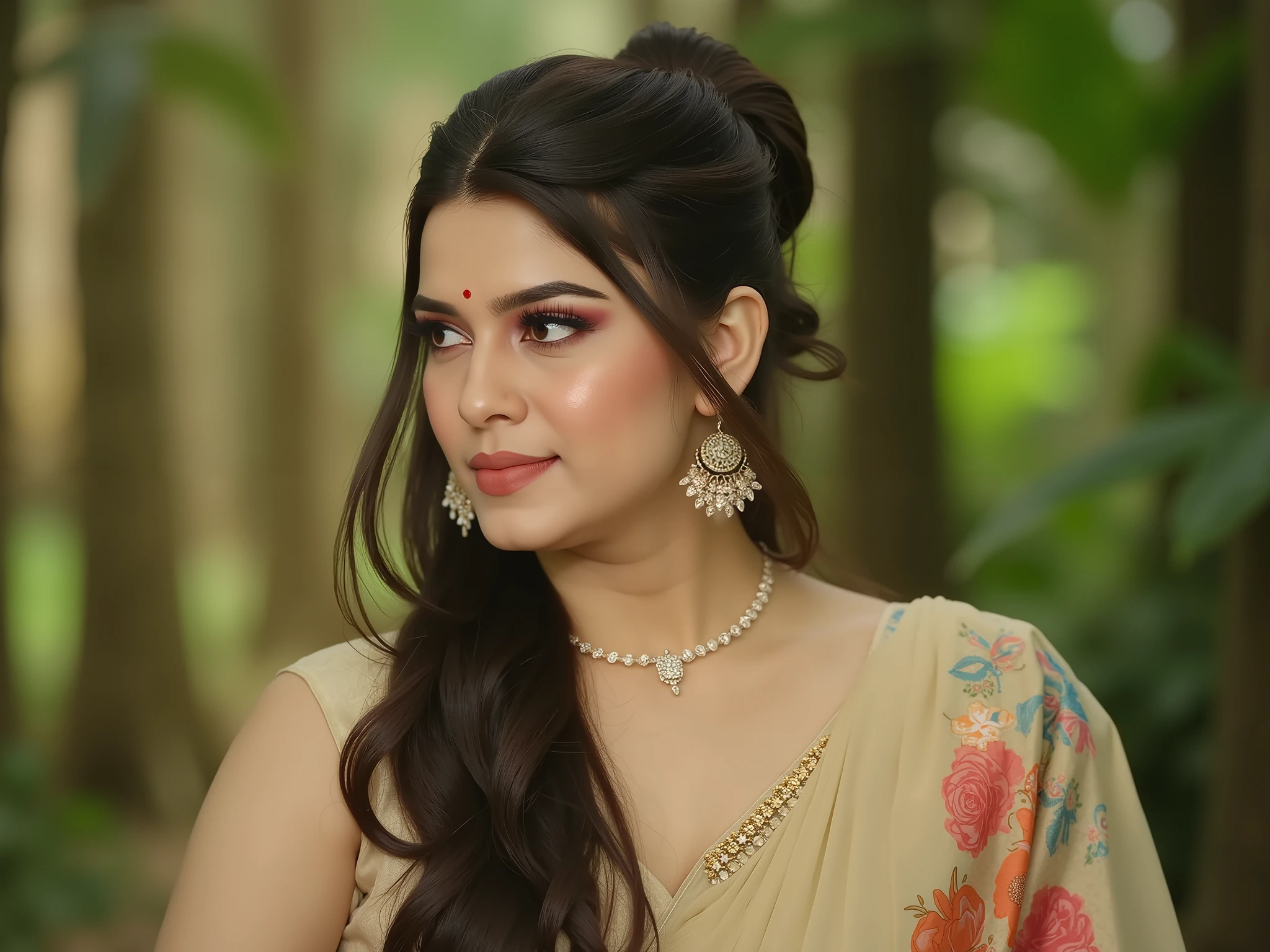 daytime view, close up shot of vedhika from front view, show navel, wearing saree, walking in forest, looking to camera, dynamic pose, big and curvy cheeks, hourglass figure,  navel, swooping , ponytail, necklace, (cinematic:1.3), intricate details , (ArtStation:1.2) Cover that includes the letters Exclusive Image with a beauty and glamour background
