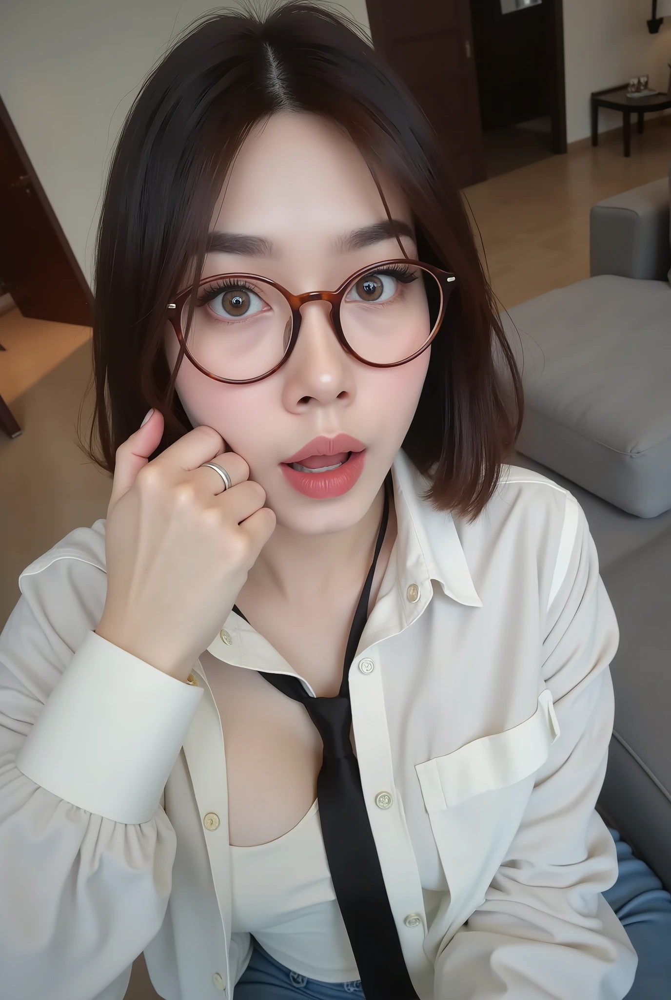 A realistic of upper view selfie portrait of beautiful busty thai woman with very fair skin sitting on a sofa in a condominium living room,with a shocked 'what the heck happened to my face' expression.messy bob hair, monolid almond eyes with severe eye bags,wearing big round glasses. Her outfit includes a oversize long sleeves white shirt with a pocket on the left side, with a big black new standard necktie,wearing white tight tank top underneath.wearing black oversize long pants.Her face shows a freaked-out expression with widened eyes, a parted mouth,raised eyebrows,she has full round lip, and an awkward impulsive pose,hand pulling cheek,has very big full round 