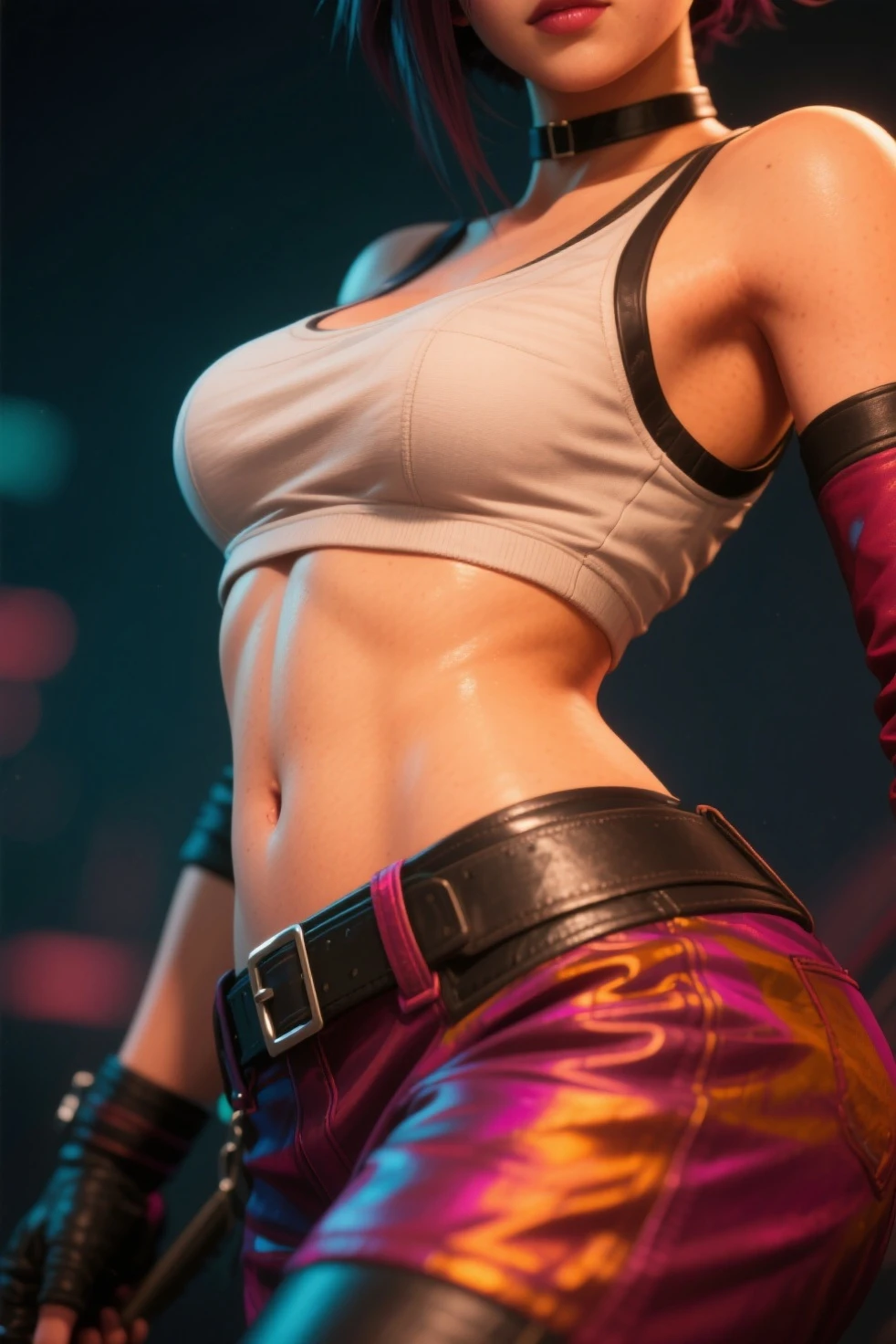 (beste-Qualit, illustration exceptionnelle), costume de catch, dynamique, surrealism, (1 femme), cheveux noirs, pose dramatique, Action intense, Strong and contrasting lighting, tight framing.