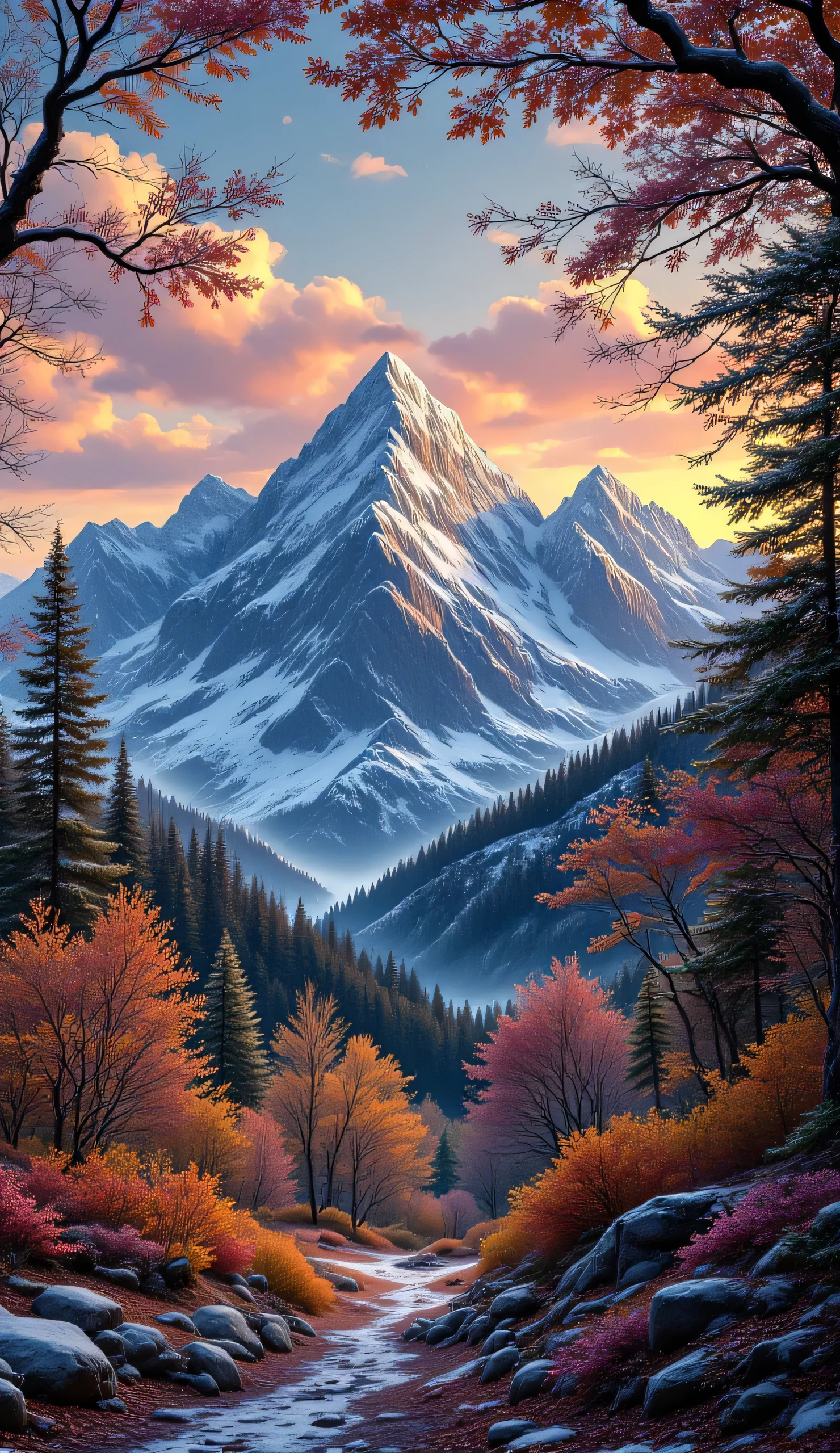 A hyper-realistic Canon EOS R5 photograph documenting the first days of winter, where morning light illuminates countless glistening dewdrops clinging to branches and the remaining autumn foliage. The ultra-high-resolution image captures extraordinary detail in the crystalline structure of each dewdrop, revealing perfect miniature reflections of the surrounding landscape. The middle ground shows a forest in transition, with some trees still holding their golden leaves while others stand bare against the winter sky. In the background, magnificent mountain ranges stretch across the horizon, their forms bathed in the warm orange and pink light of the rising sun, with early winter snow visible on their highest peaks. The pale blue sky provides a perfect backdrop, with a few wispy clouds catching the sunrise colors. The DSLR's exceptional dynamic range perfectly balances the bright sunlit mountains with the more subdued foreground, capturing both the brilliance of the dewdrops and the subtle textures of bark and frozen ground. The photographic realism presents winter's arrival with documentary precision while highlighting the natural beauty of this transitional seasonal moment.