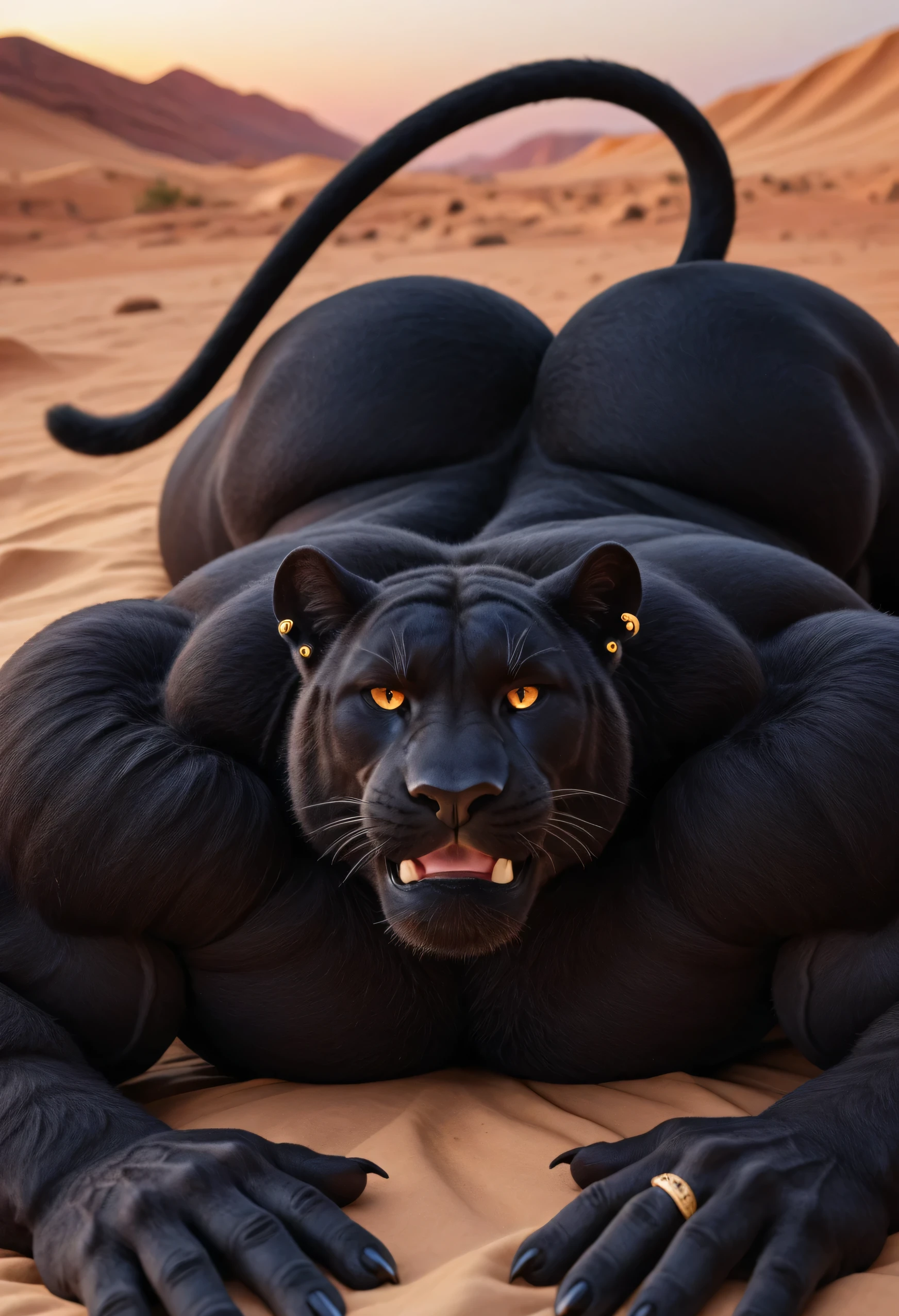 masterpiece, best quality, amazing quality, high quality, RAW photo, (Photorealistic Style), (Perfectly Correct Anatomy). (furry), (1boy:1.2), (Huge Adult Male muscular bara Feline Black Panther), Himbo, Very Masculine, Huge Man, (Black Fur Body:1.2), (Black Fur:1.2), Black Black Panther Tail, Huge Hyper Veiny Bulging Muscle, Huge Bodybuilder Physique, Huge Bulging Pectoral, Huge Wide Broad Chest, Huge Bulging Abs, Huge Wide Broad Shoulders, Huge Wide Broad Back, Eight-Pack Abs, Huge Boobs, Protrusion, Huge Thick Legs, Strong Body. (Detail Glowing Amber Eyes with narrow, vertical pupils, emission strictly limited to pupils), Black Sclera:1.4, Realistic Detail Bara Chiseled Male Feline Handsome Rugged Black Panther Face:1.6, strong square jawline, chiseled cheekbones, tough appearance, hairy chest, hairy back, hairy legs, hairy thighs, hairy arms, pubic hair, Huge muscular butt:2. Nipple Piercings, Ear Piercings, Rings, realistic human hands, (Natural Palms Color:1.4), (5 fingers), Black Claws, (Realistic human feet), (5 toes), (Natural Soles of Feet Color:1.4), (huge size 24 feet:1.4), (10 feet tall:1.4). In a Realistic Sub-Saharan Desert background at dusk near an Oasis, Solo, looking at the viewer:1.6, (front view:1.6), (lying on stomach:1.6), hand on his own cheek, (focus face:1.8), (close up face:1.8), smug smirk. (Naked:1.4), Uncensored, (Puffy Nipples).