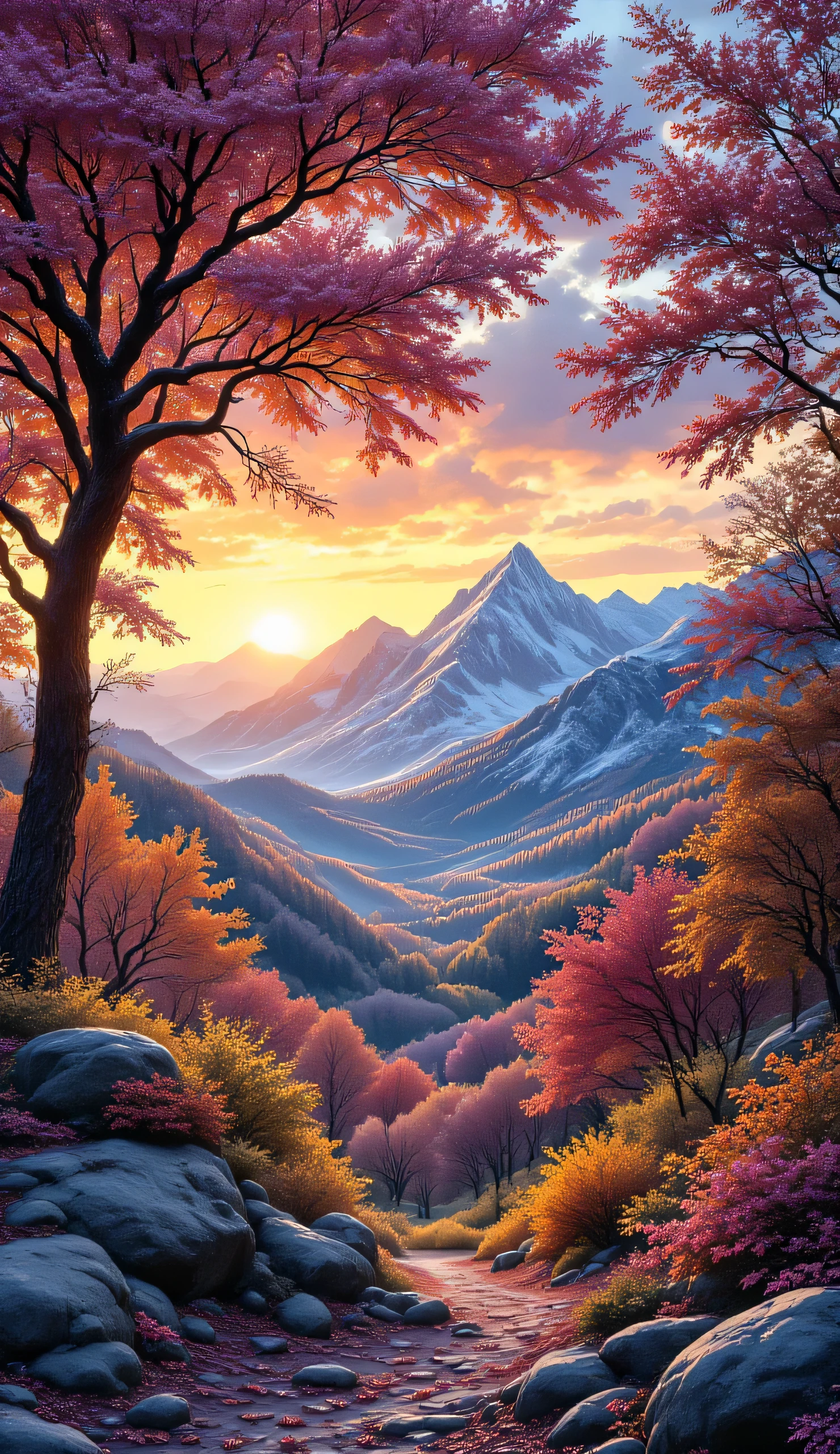A scene depicting the beginning of winter, including glistening/twinkling dewdrops, distant mountains bathed in the warm hues of the rising sun, a pale blue sky, and gently swaying tree branches in the breeze, blown leaves, realistic photo from real life, HDR color, DSLR, Canon EOS R5, vivid color, clear details, clear photo, ultra realistic, ultra quality photo, hyper quality details, best quality, natural beauty