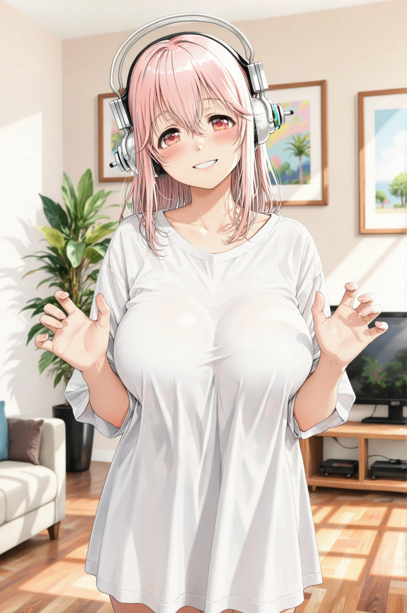 1 Girl, living room:1.2, solo, Super Sonico, ((Blush, standing grinning)), Tees, big boobs, ((BUST SHOT, 4 fingers:1.2)), sitting, Put your hands on the couch, Houseplants, Flooring, Large TV, pay attention to light and shadow in every detail, blurred background, (Highest Quality:1.2, 4K, 8k, very detailed, Attention to Details, masterpiece:1.2, Ultimate aesthetics),