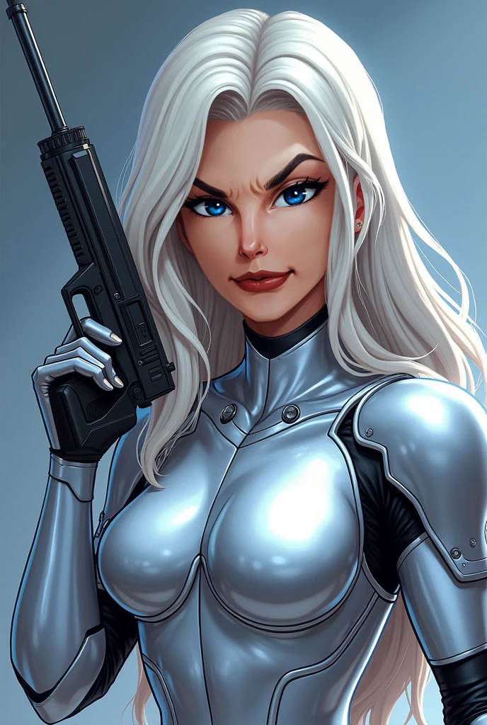 masterpiece, good quality, best quality, very awa, very as2, absurdres, highres
 <lora:Silver SableilluLoRA:1>retro artstyle, 1980s (style), silversable, white hair, long hair, big hair, headband, bodysuit, armlet, shoulder holster, gloves, belt, thigh strap, boots, holding gun, cowboy shot, smile, hand up, cityscape, at night