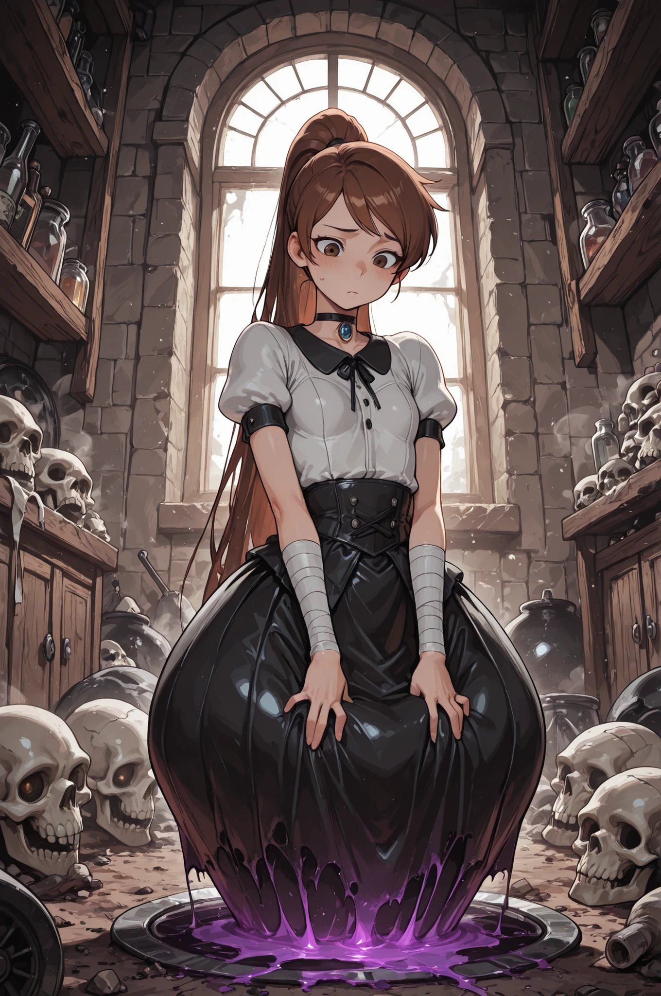 Princess Marco. brown eyes, very long hair, brown hair, ponytail. very small breasts. huge hips. slim body. choker. femboy, crossdressing,| A desert wastland laboratory lit by dim moonlight through a tall arched window. Stone walls are lined with shelves filled with human skulls, cobwebs hanging between the jars and flasks. Strange glass beakers and vials glow faintly with bubbling green and purple liquids, some stacked neatly while others spill over with eerie drips. A massive black cauldron sits at the center, steaming with thick white mist. The counters and shelves are cluttered with old tomes, bones, and twisted glassware. The atmosphere is ominous and foreboding, filled with the scent of smoke and mystery, as if countless forbidden experiments have been performed here.gothic alchemy l4b0r4t0ry, , Masterpiece,best quality,hi res,8k,hi res,8k,award winning,(sharp focus, intricate, highly detailed), score_9_up, score_8_up,_7_up,_6_up,_5_up, score_4_up,score_7_up, masterpiece, heavy detailed, Wasteland Clothing, Solo, outside, wasteland, garbage dump, metal plates, rags, bandages, upper body

