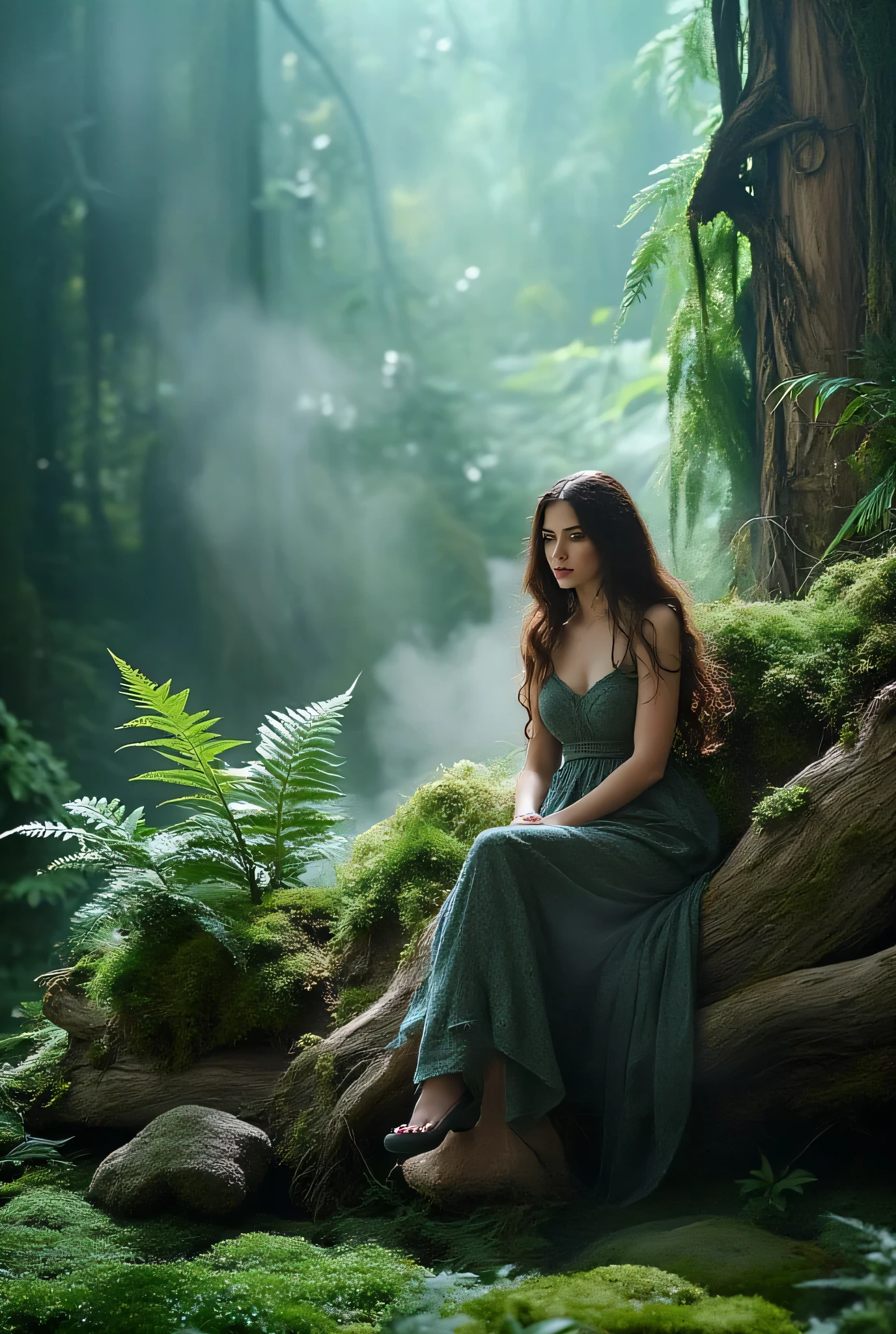 sad image.gloomy forest .old curves gnarled thick trees with long hanging branches.there is an old crooked wooden house in this forest,covered with moss and vines.a thick old log licks near the house.a beautiful charming woman sits on a log.a woman dressed in a long forest dress with a slit.has long flowing dark-brown hair.sits foot on foot.looks towards the viewer.woman of extraordinary beauty.the woman has a very sexy figure and huge breasts.plump lips and beautiful eyes.in the forest Strong blue fog.thin long rays of sunshine break through the trees and fog from above.trees with thick greenery.