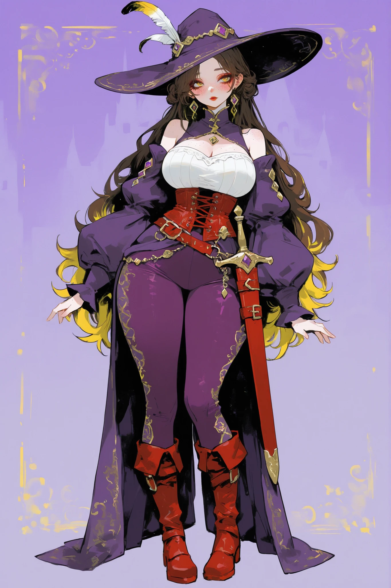 (0__11Xx_illu,duobaan,) The girl is an bard/minstrel. She has a wiry feminine body with rounded thick wide hips and big breasts. She has long wavy loose dark brown hairstyle with gold highlighted bleached dyed strands. She has yellow eyes. She has soft actress makeup on her face: red blush, black eyeliner,red lips and freckles. She wears wide-brimmed hat with a feather. She's wearing a burgundy-purple vintage troubadour costume: purple leggings with diamond-shape ornament, pointed-toed boots. She wearing a an embroidered off-the shoulder bluse with a high collar and puffy poet's sleeves , and red  leather corset decorated with a diamond pattern. She has a scabbard  with dagger on her belt. She playing on a lute. (In the background: fantasy city , medieval festival in evropean town.)