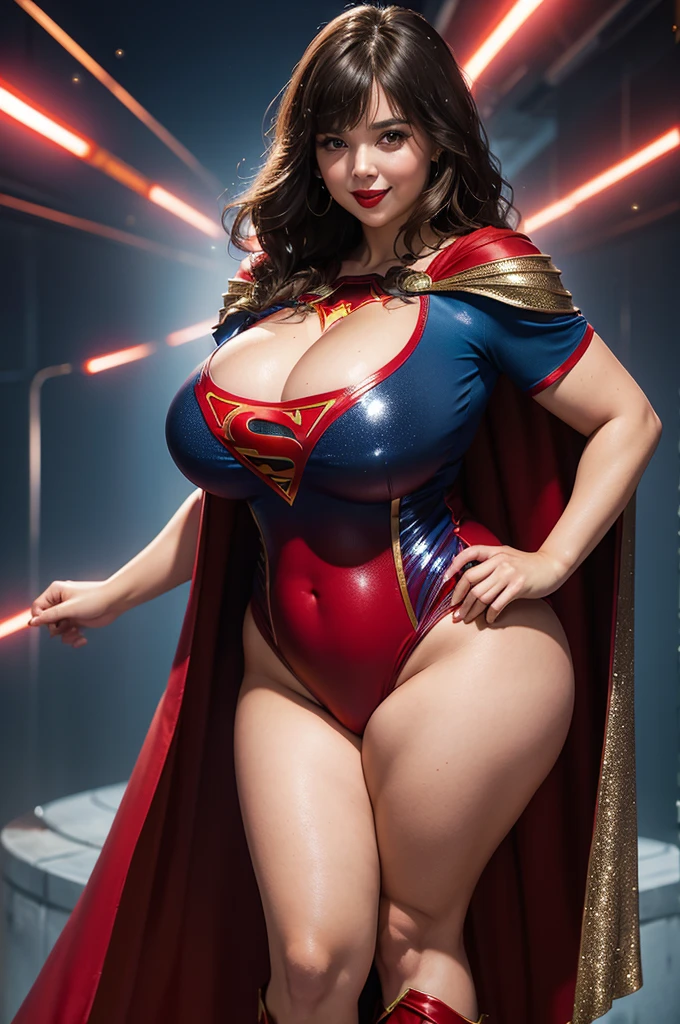 EMily is a black African woman, with very dark skin, aged 35 with dark hair, usually tied in a bun or ponytail. Her eyes are dark and expressive, conveying her sensual and sexy personality. She has an average height, about 1.70m, ((GOLD belt)), (lipstick, RED lips, RED shiny lips, pink eyeshadow, Thick LIPS, eyelashes, powder blusher, make-up) she has gold bracelets and a small gold heart shaped tiara on her forehead, with large, very large breasts and huge hips, . Emily is a superhero, (Wear supergirl's WHITE AND GOLD clothes with sexy cleavage). ((Supergirl white and gold costume)), She usually wears little makeup, preferring a natural look. best quality, Realistic photo, full body photo, sexy sensual poses, photo taken from bottom to top.  , (Thick thighs:1.3) , ( body)