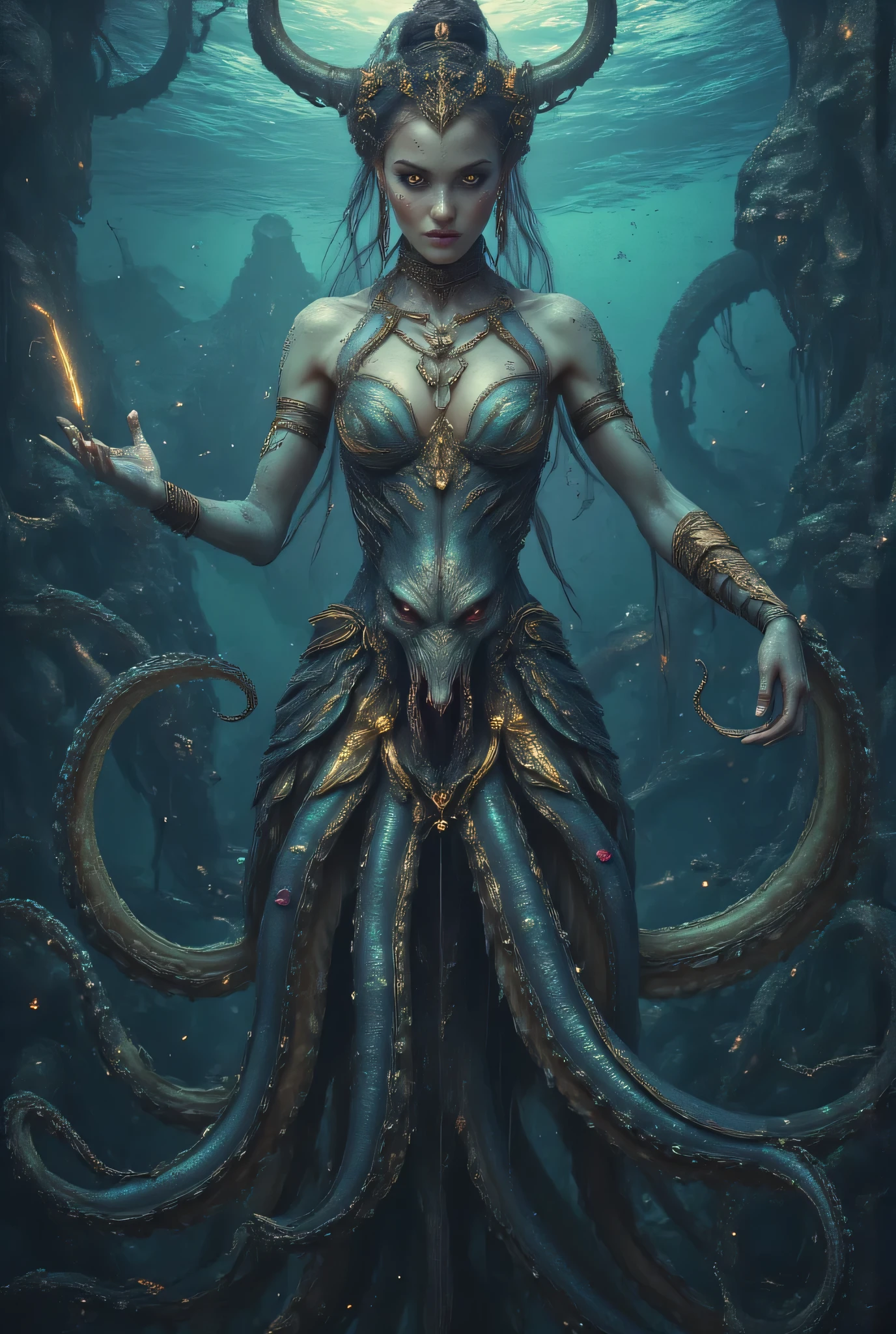 A hauntingly beautiful woman-squid hybrid priestess of Dagon emerging from dark churning waters, upper body of an ethereal pale woman with iridescent scales subtly blending into her skin, lower body transforming into elegant tentacles with bioluminescent suckers. Her eyes are large, black and hypnotically deep, reflecting ancient knowledge. Delicate webbing between elongated fingers ending in sharp points. Adorned with artifacts of bone, pearl, and strange metals inscribed with Eldritch symbols. Background shows a submerged temple with non-Euclidean architecture. Atmospheric underwater lighting with rays of moonlight penetrating the depths, creating a otherworldly glow around her form. Hyper-detailed textures, photorealistic rendering with surreal anatomical elements.