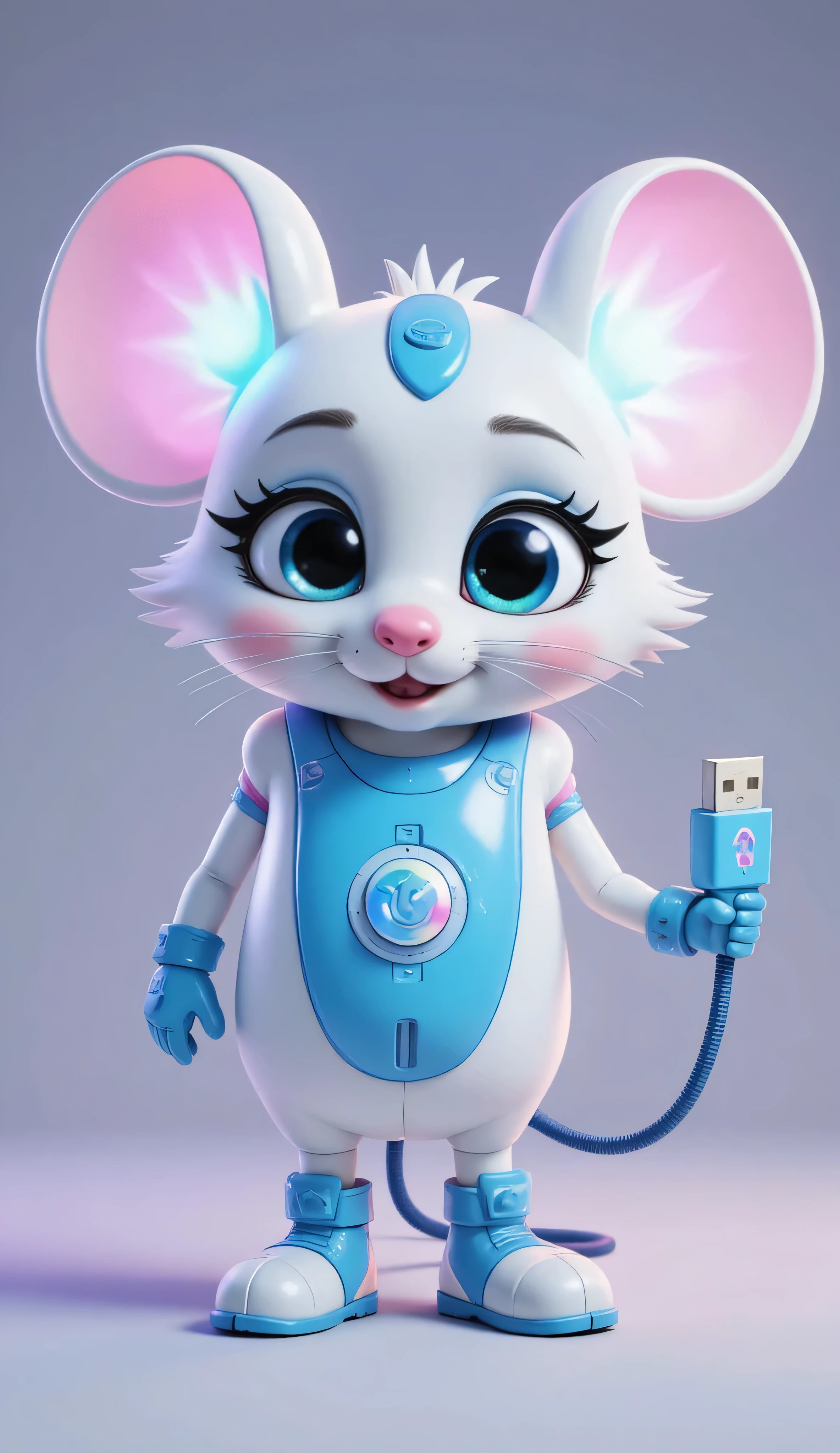charming computer mouse character for a children's cartoon, big round eyes with long eyelashes and shiny pupils, two voluminous buttons on the head instead of ears with cute glowing ones, indicators are a long flexible USB cable instead of a tail that can move and express emotions, small hands and feet with gloves and boots, streamlined body with smooth lines like a real computer mouse, scroll wheel like a funny nose that can rotate, bright colors predominantly white and blue with accents, friendly facial expression and helpfulness posture, modern computer animation style with soft glow, highly detailed textures and materials