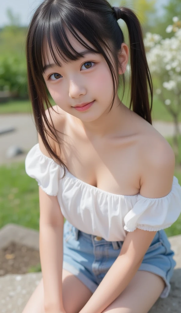Highest quality, masterpiece, Ultra-high resolution,8k, (Realistic:1.6), (Close-up portrait:1.4) RAW Photos,((Uniqlo bra top and pleated mini skirt)),((Nipples seem to be visible)),((Full body photo)),1 person,Omotesando,A slender adult 26-year-old woman,(Full of smiles, )) ,((Braided twin tails)),((NEW ERA CAP)),((Looking up at the audience)),Face Focus:1.4,((Shooting from above with a fisheye lens:1.4)),