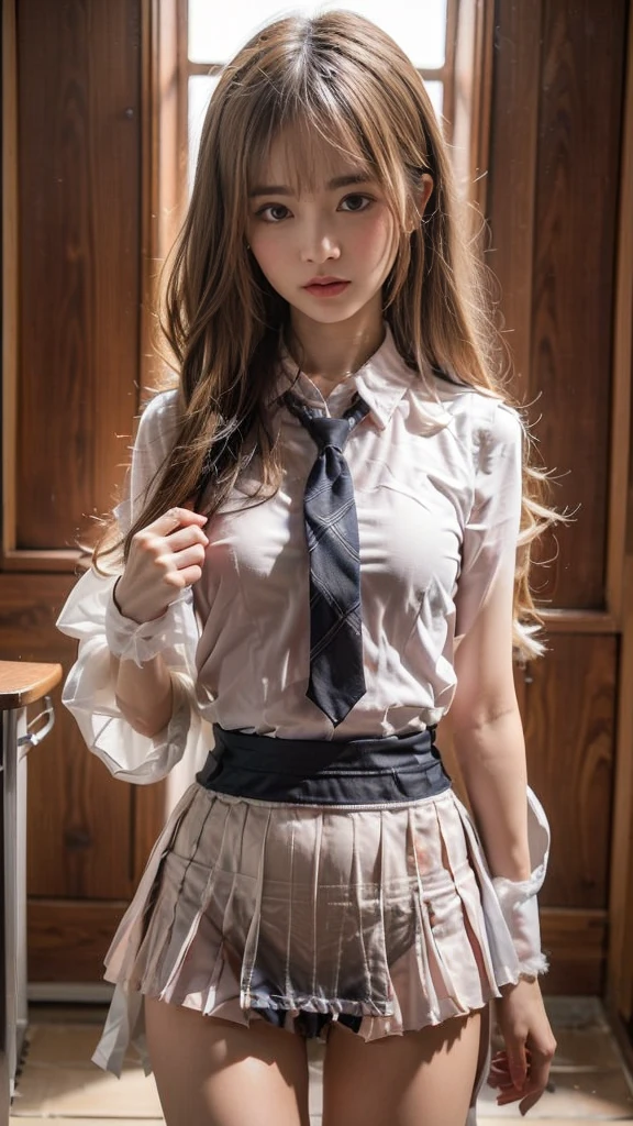 （8K、student photographygraphy、highest quality、masterpiece：1.2),show、bare legs、absurd,small face,chest is open、Part the front hair from the middle、I can see the forehead,(tight eye,strong,skinny,skinny,I get irritated)、jump、jump、shot from below、shot from below、masterpiece,highest quality、超A high resolution,student photography,only,beautiful feces,one person, in one person,Glasses,,dark look,whole body,round glasses、cute、japanese woman,Are standing,(tight eye,strong,skinny、（Photoreal：1.37）、photon mapping,light blue ribbon,realistic、cutesmall face,brown eyes、black socks、(red bow tie)、radio city、Physically based only daling、prospect、written boundary depth、blurred background、photograph,girl、body, long legs, thin legs,ponytail,(You can see the front hair), hair, lips, green_eye, soft nose,white lingerie, Navy blue and white plaid pleated skirt, I can see your knees,thin clothes,, thigh, black cotton socks,Nogizaka Idol, , Japanese ID card、big breasts、Please expose your 