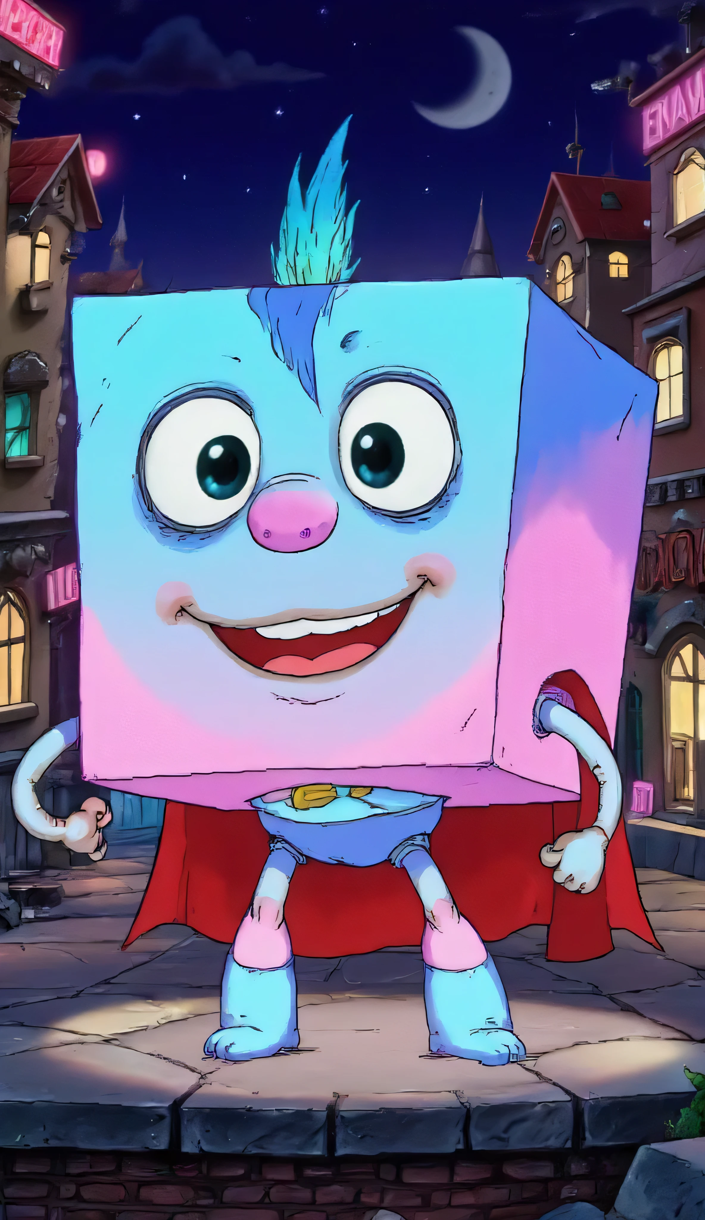 cute anthropomorphic cubic pixel with big expressive eyes and a big smile, flexible cartoon arms and legs, his cubic body smoothly shimmers with different bright colors from blue to pink, soft glow around the edges, on top of his head A funny crest of smaller pixels, Pixar-inspired animation style, friendly facial expression, the character stands in a superhero pose against the background of the colorful digital world, perfect character design, animation ready, child-friendly, high quality 3D render