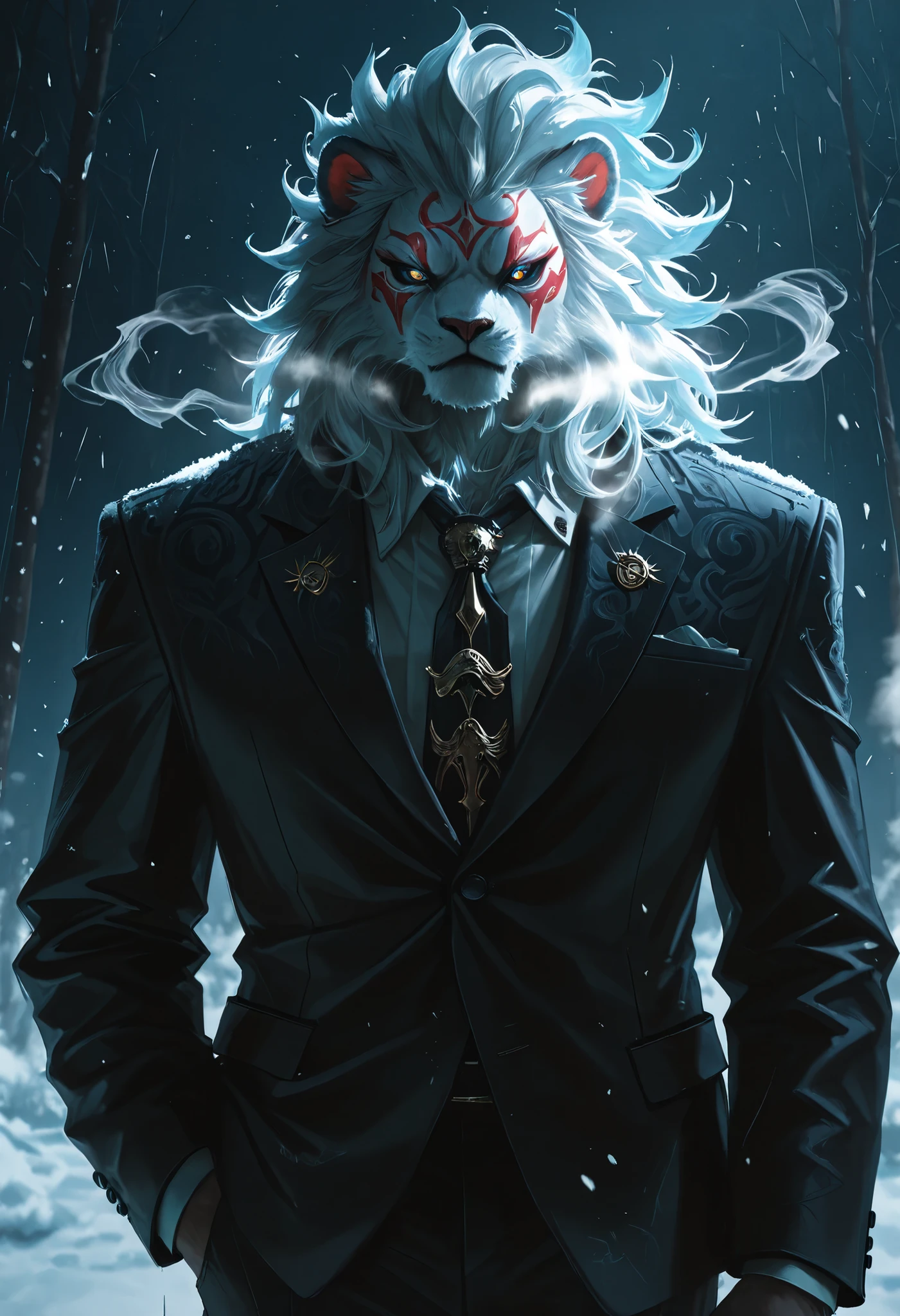 score_9, score_8_above, score_7_above, score_6_above, Masterpiece, portrait, aboveperbody, 1 eyes , male anthro, anthropology_Lion, Alone,  fluffy mane,  highest frame , Cold, Pose of the villain, serious expression, Wearing a formal black suit, long tie, dark stage, posing straight,  l0lspl4sh ,concept tattoo design, inspired by Kanō Hōgai, Inspired by Gatōken Shunshi, traditional Japanese concept art, oriental tattoos, tattoo design, , inspired by Kōshirō Onchi, medium size tattoo sketch,  realistic tattoo drawing  , Japanese art style , HDR-10, 8K, high contrast mini tube, Masterpiece, the best quality, amazing quality, very aesthetic, high resolution, ultra detailed, extremely high resolution, newest
