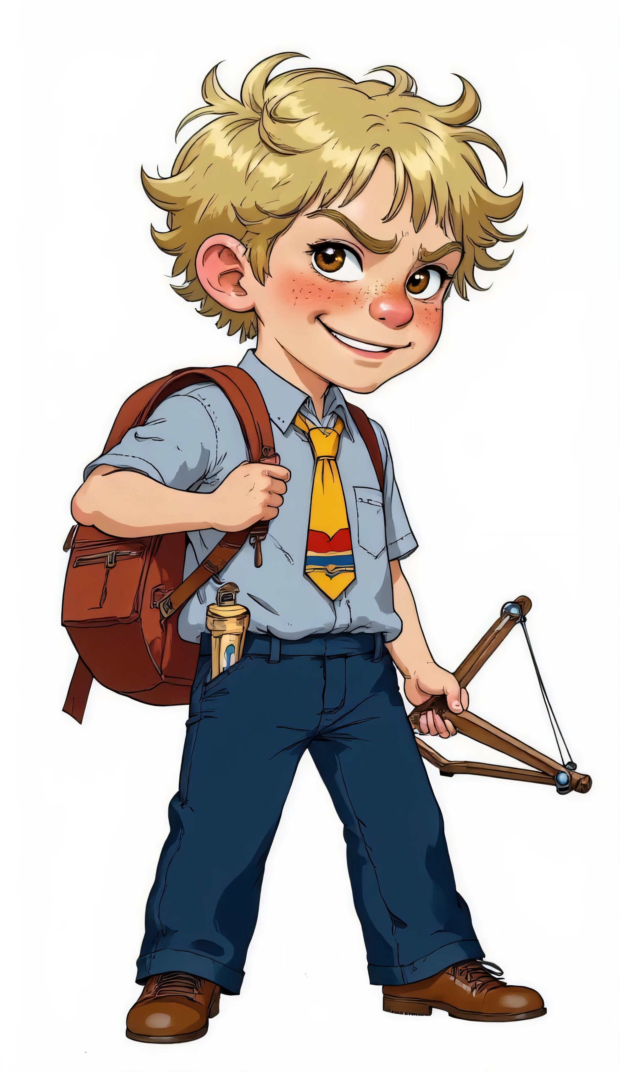 Mischievous schoolboy Vasya, Russian fidget with curly blond bangs sticking out in different sides with hair, freckled face with a perky smile and shiny brown eyes, crumpled school uniform with tie slipped to one side, slingshot, school bag, dynamic pose, slingshot pocket, modern Russian animation style, bright contrasting colors, white background, high quality, children's cartoon