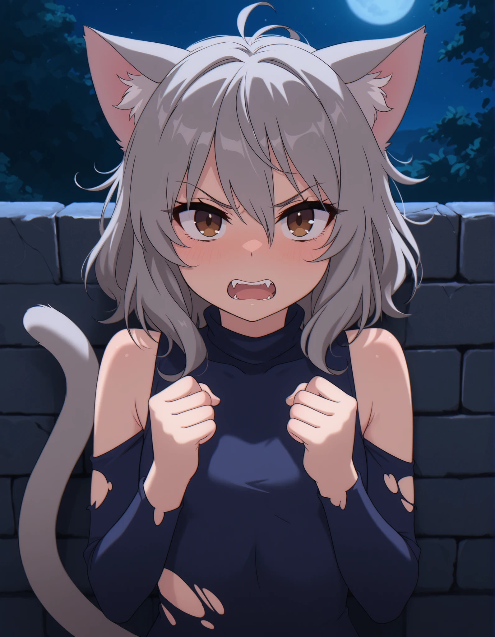zzz0nkn4w,, 1girl, petite, (skinny and frail:0.7), cat girl, against wall, stone wall, brown eyes,looking at viewer, grey hair, medium hair, messy hair, angry, (scared:0.4), (open mouth:0.5), fangs, hands up, (tearing up:0.5), tail raised, torn clothes, straight-on, dark, night, outdoors, masterpiece,best quality, amazing quality,