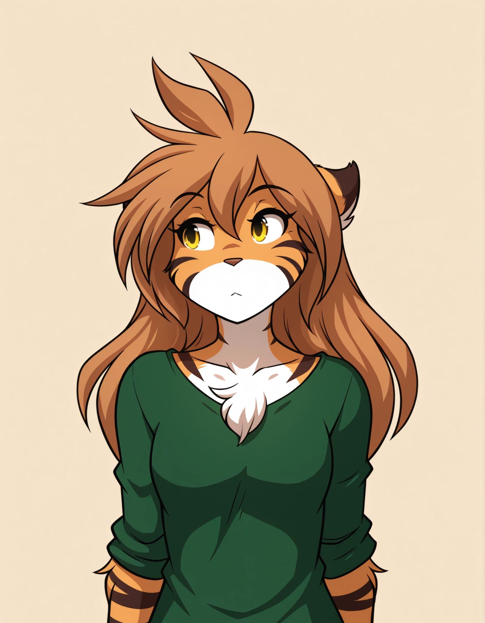 zzz0nkn4w,, furry, solo, flora-twokinds, flora_twokinds,, tiger, striped fur, keidran, yellow eyes, anthro, simple background,,, green shirt