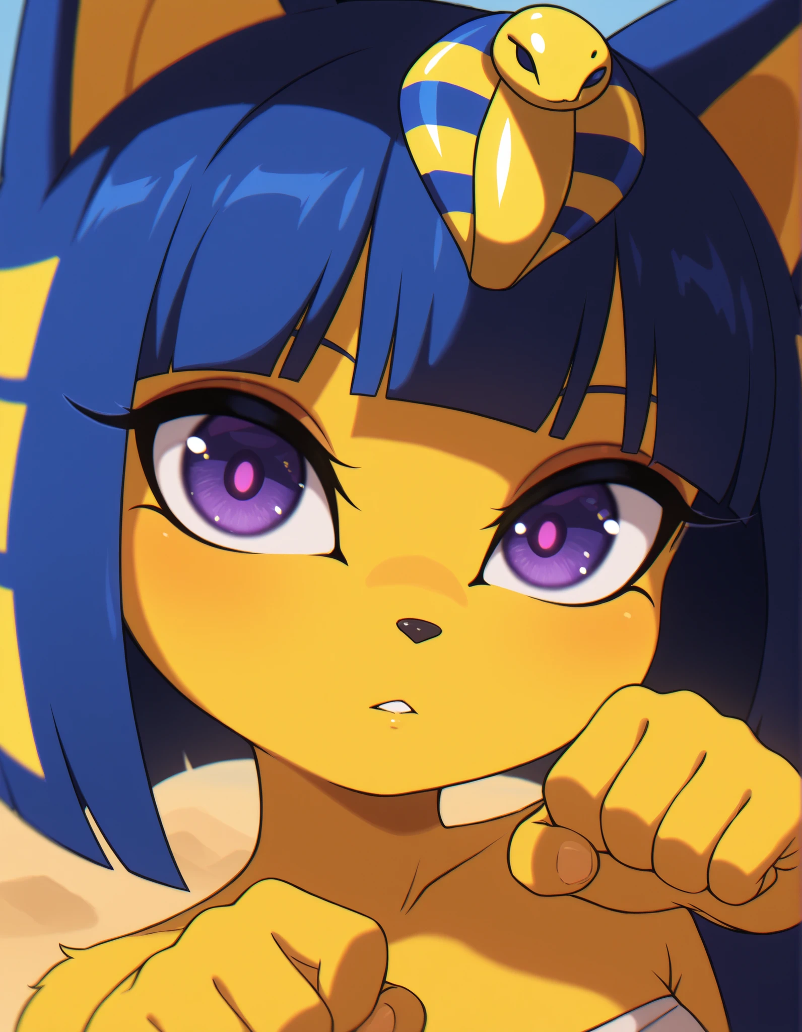zzz0nkn4w,, depth of field, 1girl, furry, ankha \(animal crossing\), expressionless, eye reflection, yellow background, yellow theme, blue background, desert,, purple eyes, glowing eyes, wide-eyed, paw pose, looking at viewer, close-up, parted lips,