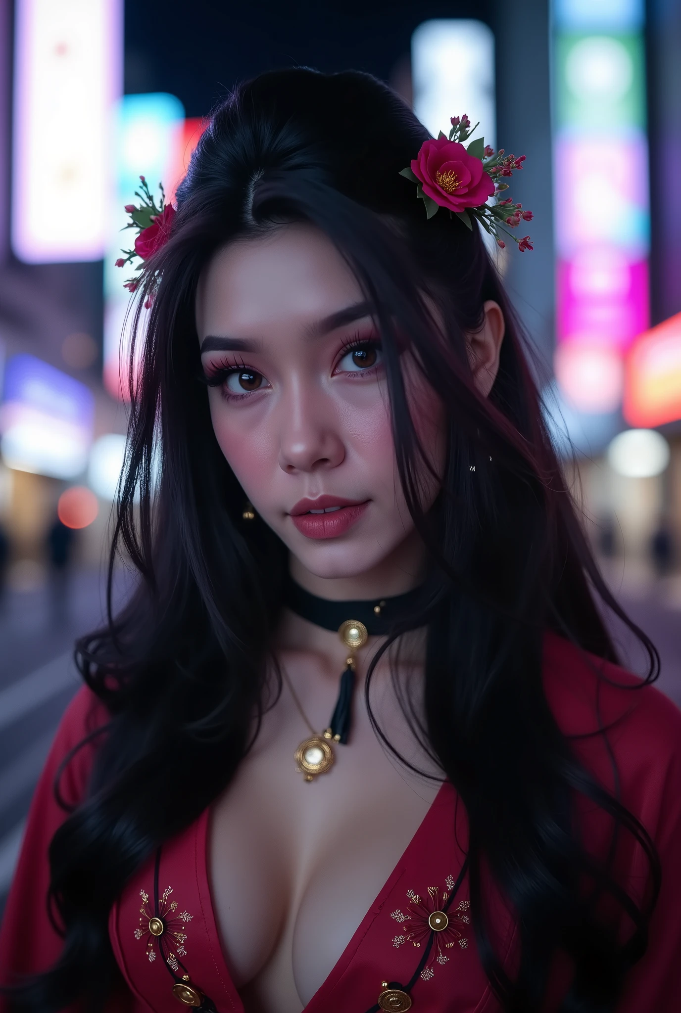 S476_ParisBerelc, long hair, modern photo, (wearing akatsuki outfit:1.3), (close-up, headshot), (35mm, F/2.8) Photo Focus, DOF, Aperture, insanely detailed and intricate, character, hypermaximalist, beautiful, revealing, appealing, attractive, amative, hyper realistic, super detailed, beautiful girl, ((detailed eyes)), long eyelashes, standing in the street, city background, nighttime, neon lights, solo