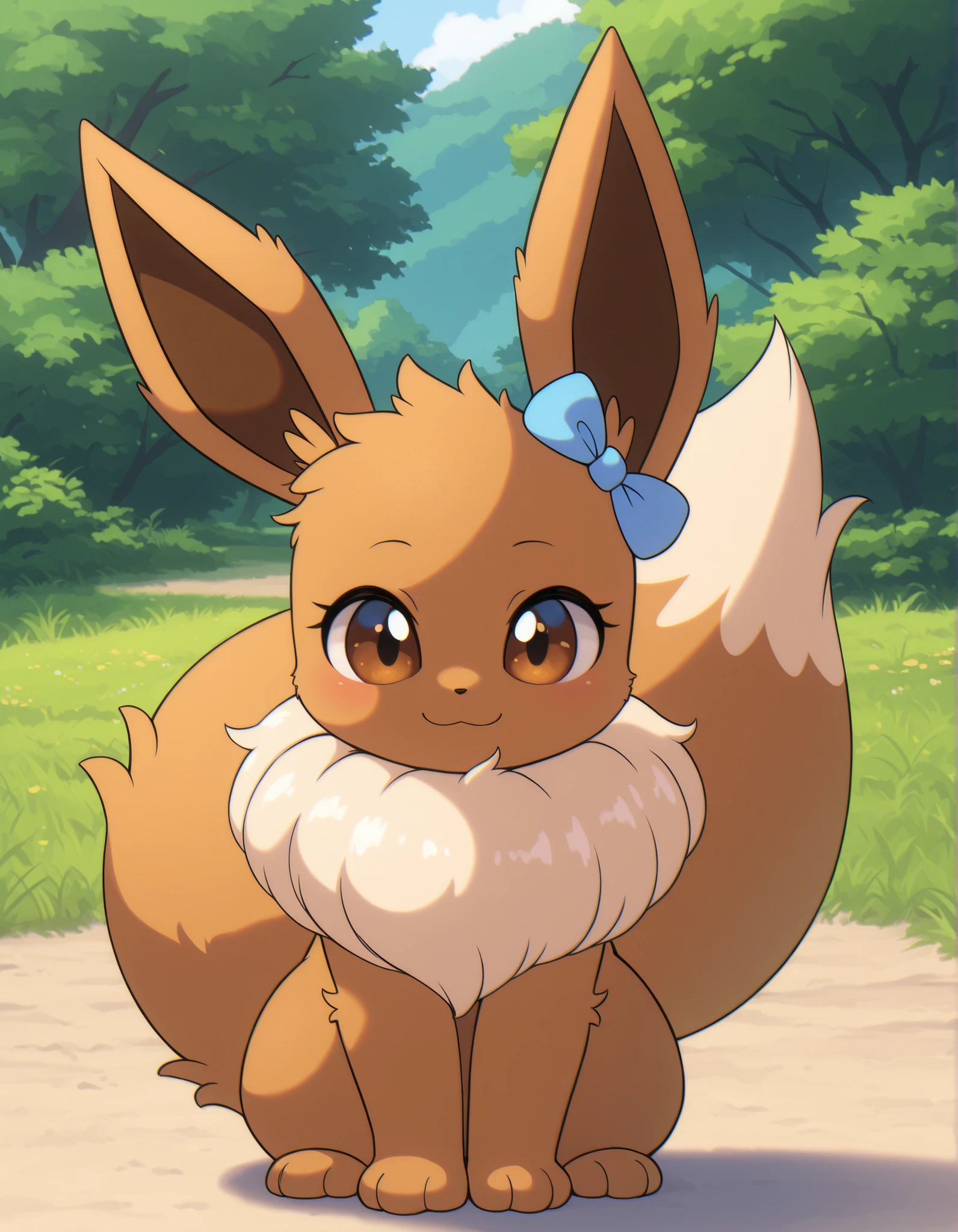 zzz0nkn4w,, pokekid, eevee, fluffy girl, furry girl, female, smile, smiling, has a big pretty bow in her hair, has animal paws for hands, 1girl, best quality, outdoors, high definition, cute,