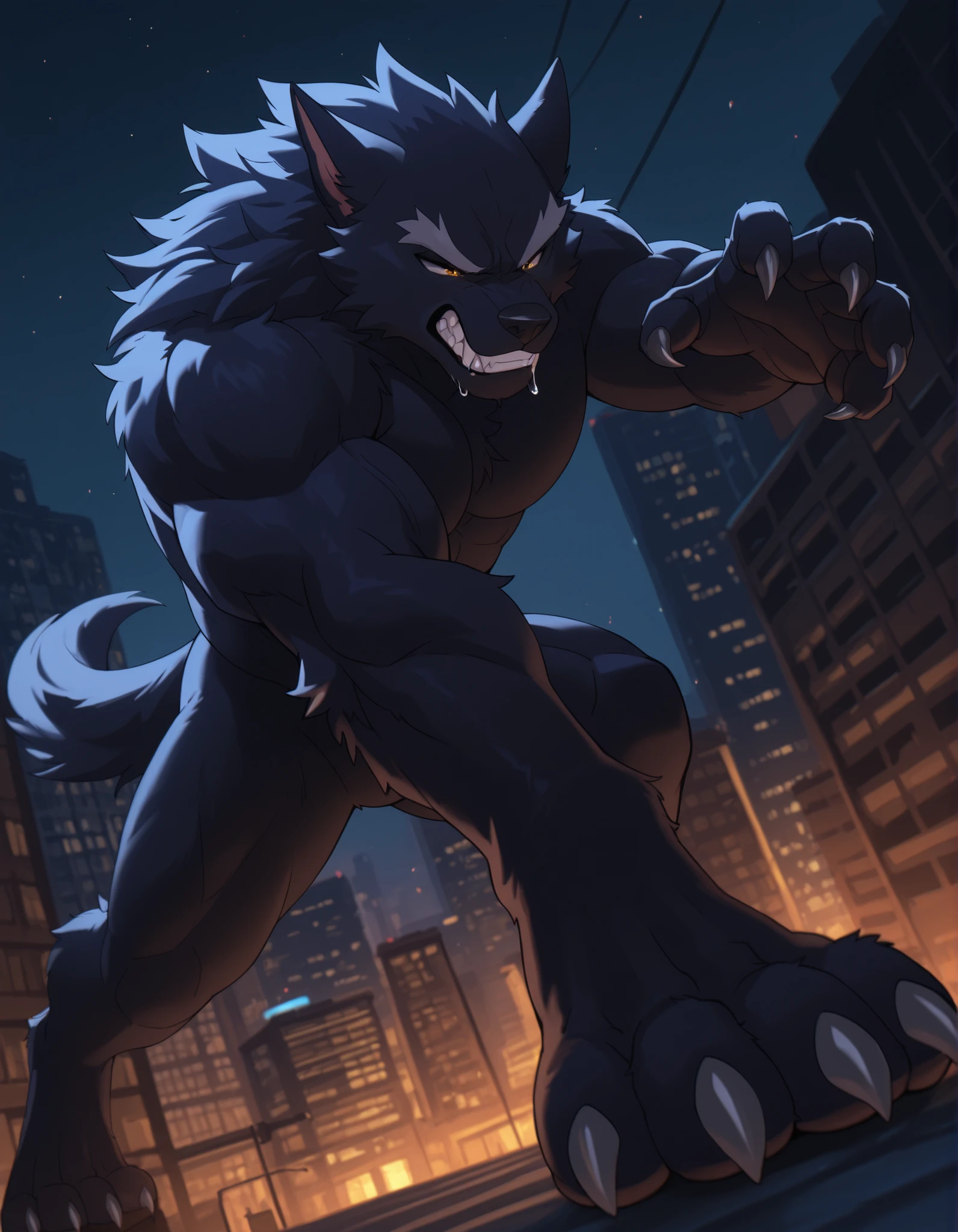 zzz0nkn4w, masterpiece, best quality, newest, absurdres, highres, male, solo, 1boy, standing,  looking at another, muscular,  anthro, fur, fluffy, detailed fur,  night, city, dark theme, neon, (action pose:1.2), angry, claws, tail, digitigrade, werewolf, teeth, drooling, clenched teeth,  5 fingers,, scenery, dynamic angle, sniffing, toe claws, paws,  looking at another,  