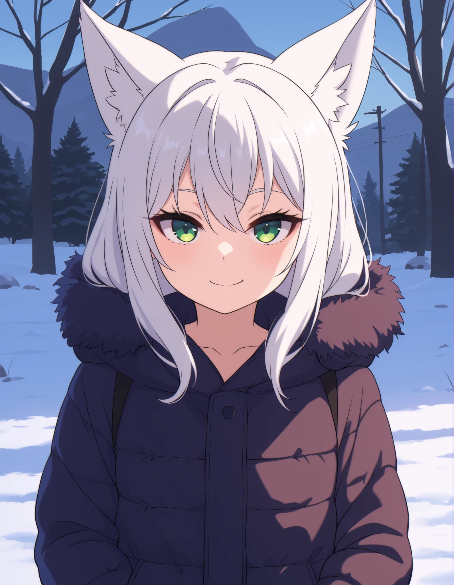 zzz0nkn4w,, anime, solo, BREAK, young fox girl, skinny and frail, (petite,cute:0.5), green eyes, looking at viewer, long hair, white hair, smile, winter clothes, outdoors, winter