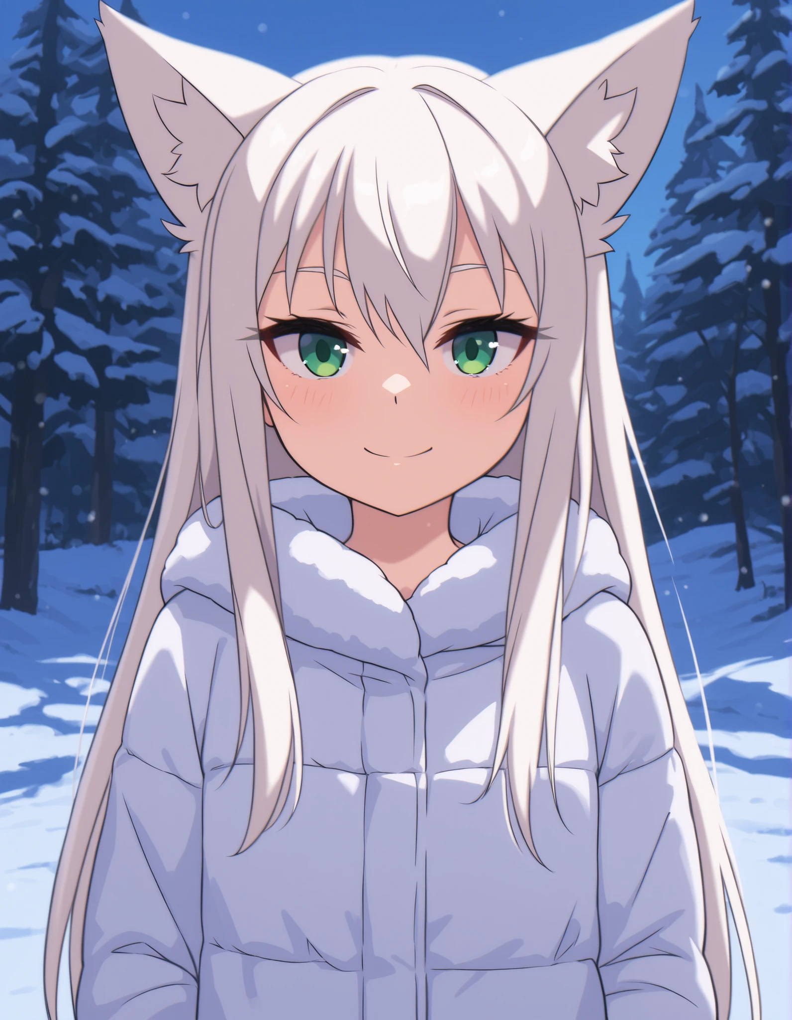 zzz0nkn4w,, anime, solo, BREAK, young fox girl, skinny and frail, (petite,cute:0.5), green eyes, looking at viewer, long hair, white hair, smile, winter clothes, outdoors, winter