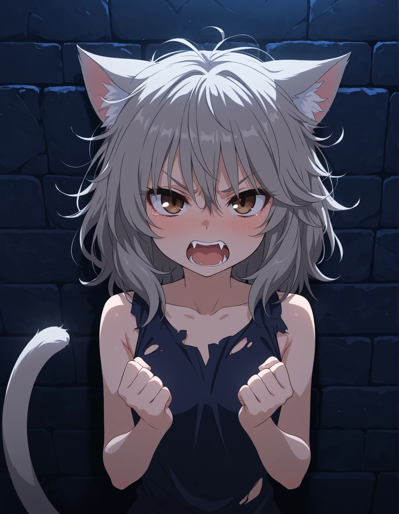 z0nkn3w,, 1girl, petite, (skinny and frail:0.7), cat girl, against wall, stone wall, brown eyes,looking at viewer, grey hair, medium hair, messy hair, angry, (scared:0.4), (open mouth:0.5), fangs, hands up, (tearing up:0.5), tail raised, torn clothes, straight-on, dark, night, outdoors, masterpiece,best quality, amazing quality,