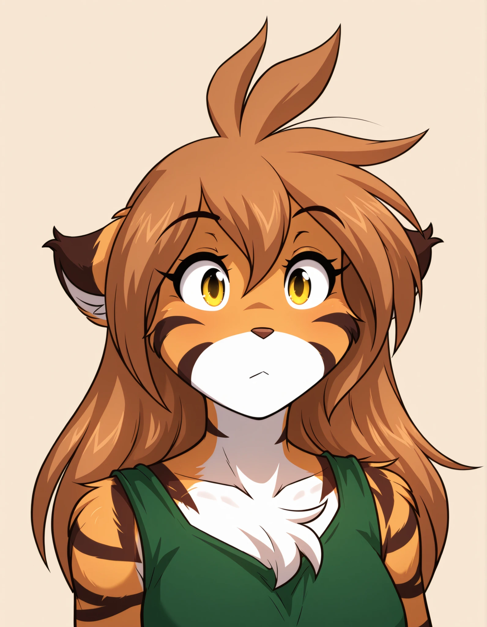 z0nkn3w,, furry, solo, flora-twokinds, flora_twokinds,, tiger, striped fur, keidran, yellow eyes, anthro, simple background,,, green shirt