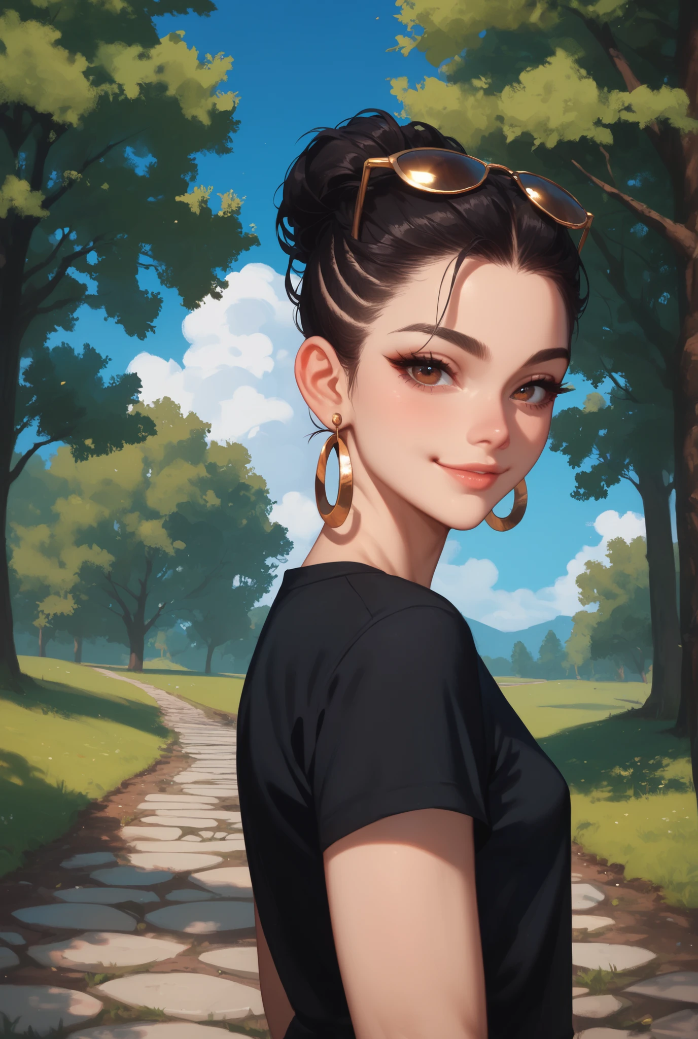 perfect face, feminine, black hair, long slicked back hair, forehead, black thin eyebrows, brown eyes, sunglass round on head, gold earring, smile, black t-shirt, small breasts, from side, looking at viewer, (blue sky, trees, lawn, grass, stone road)