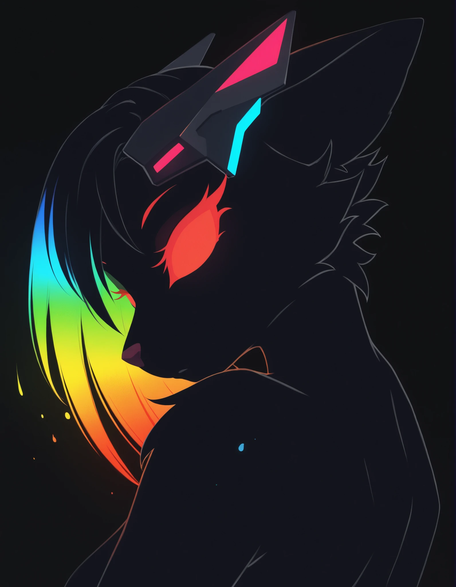 zzz0nkn4w,, furry girl, anthro, facing sideways, elegant pose, silhouette body, (glossy black fur), (neon outlines), (flat lighting), exploding fractals, liquid neon paint, splash effect, rainbow iridescent hair, gradient glow, (triadic colors), (spot color:1.2), cyberpunk headgear, artistic, abstract style, black background, recursion, film grain, no lineart, high aesthetic,
