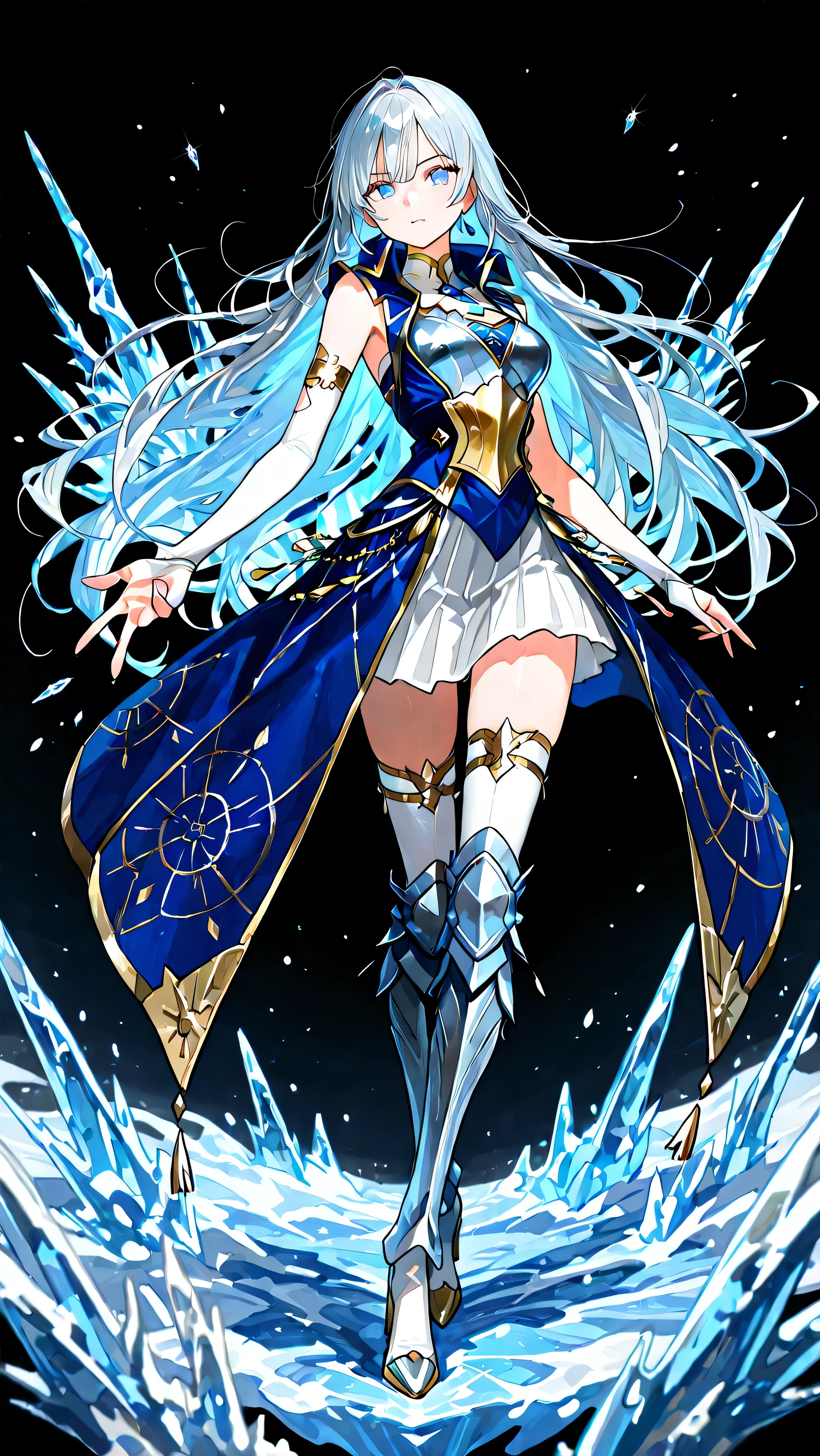 black background, 1girl, solo, masterpiece, female knight theme, beautiful woman with long silver hair, her hair has blue-streak on it, blue eyes and silky hair, hair down, white chest plate, wearing white knightly attire, long blue coatail, white skirt, decorated with golden details on her outfit, sleeveless coat (clothing cutout), sleeveless jacket (clothing cutout), she also wears white bridal handsock that wraps tight onto her entire arms, stockings underneath shin guards, armored high heels, standing, highly detailed, anime illustration, add golden intricate details on her overall outfit, action pose, ice, icicles, shirt collar